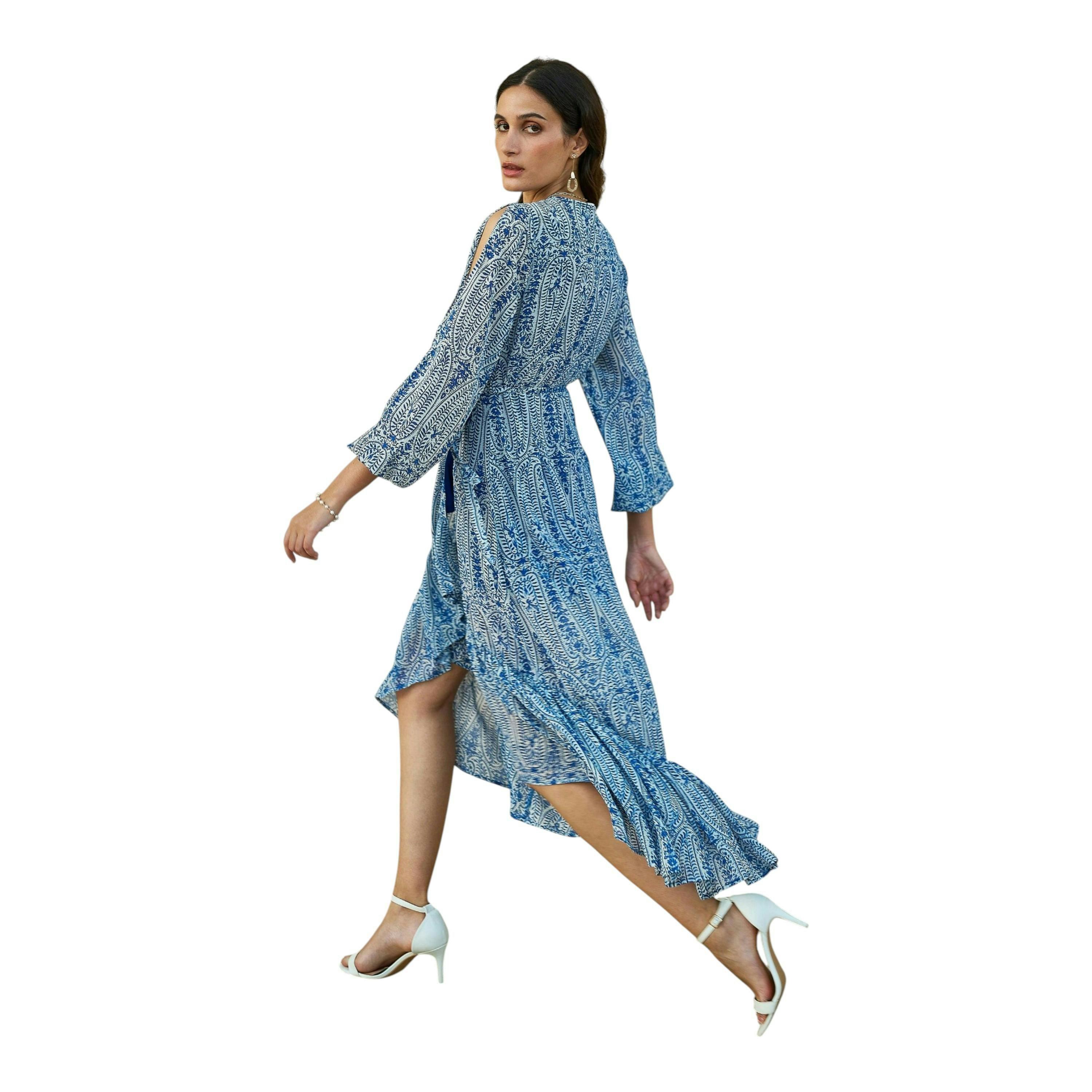 Yumi Blue Paisley Dipped Hemline Midi Dress With Open Long Sleeves , view 4 of 4