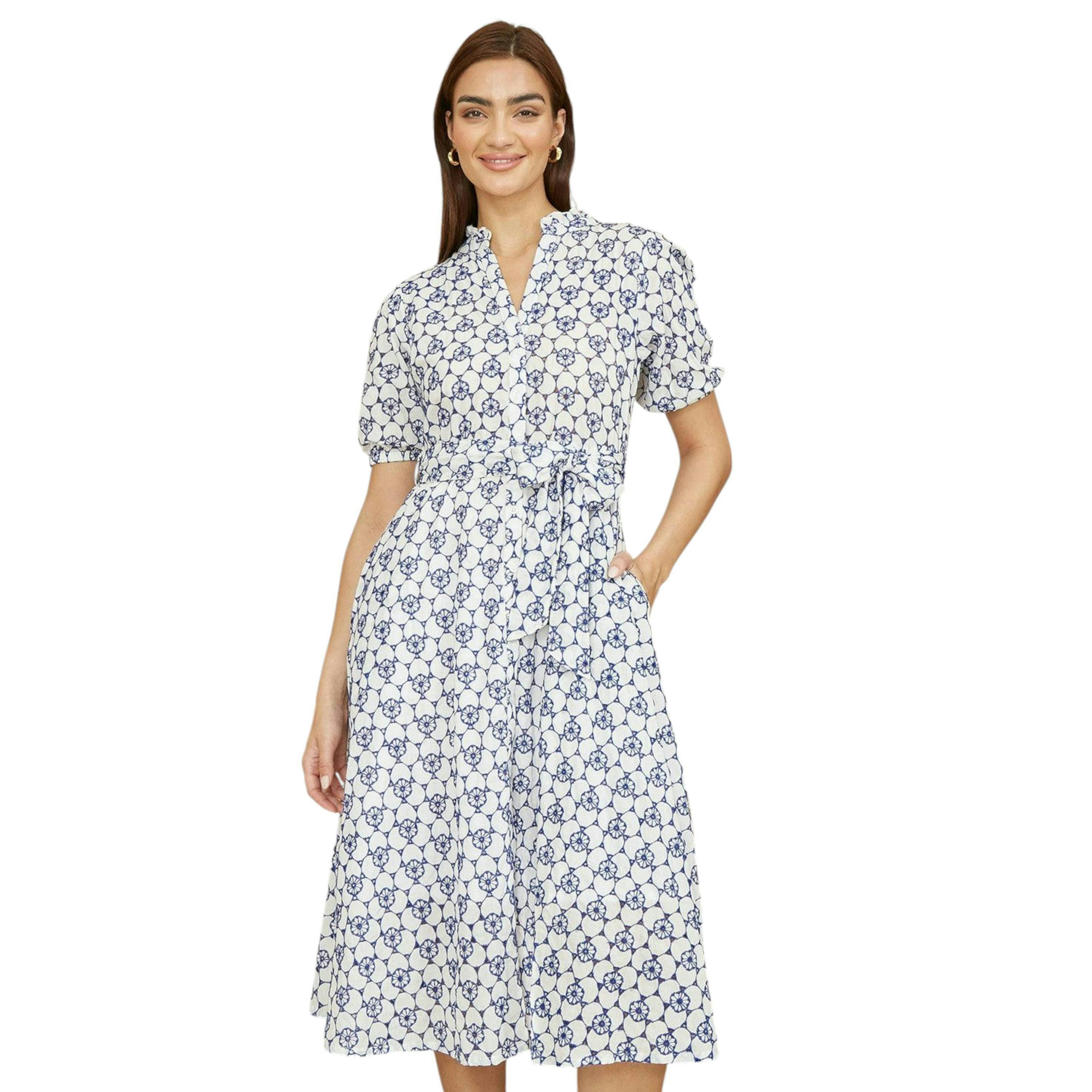 Yumi White and Blue Cotton Broderie Anglaise Midi Shirt Dress , view 1 of 4