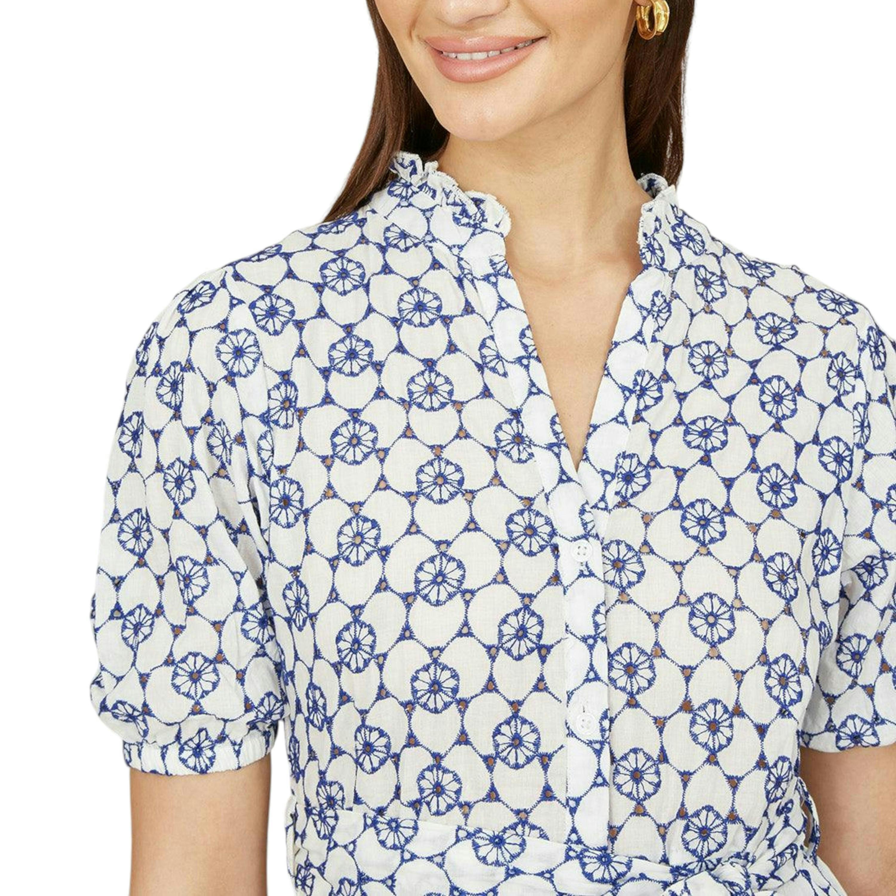 Yumi White and Blue Cotton Broderie Anglaise Midi Shirt Dress , view 2 of 4