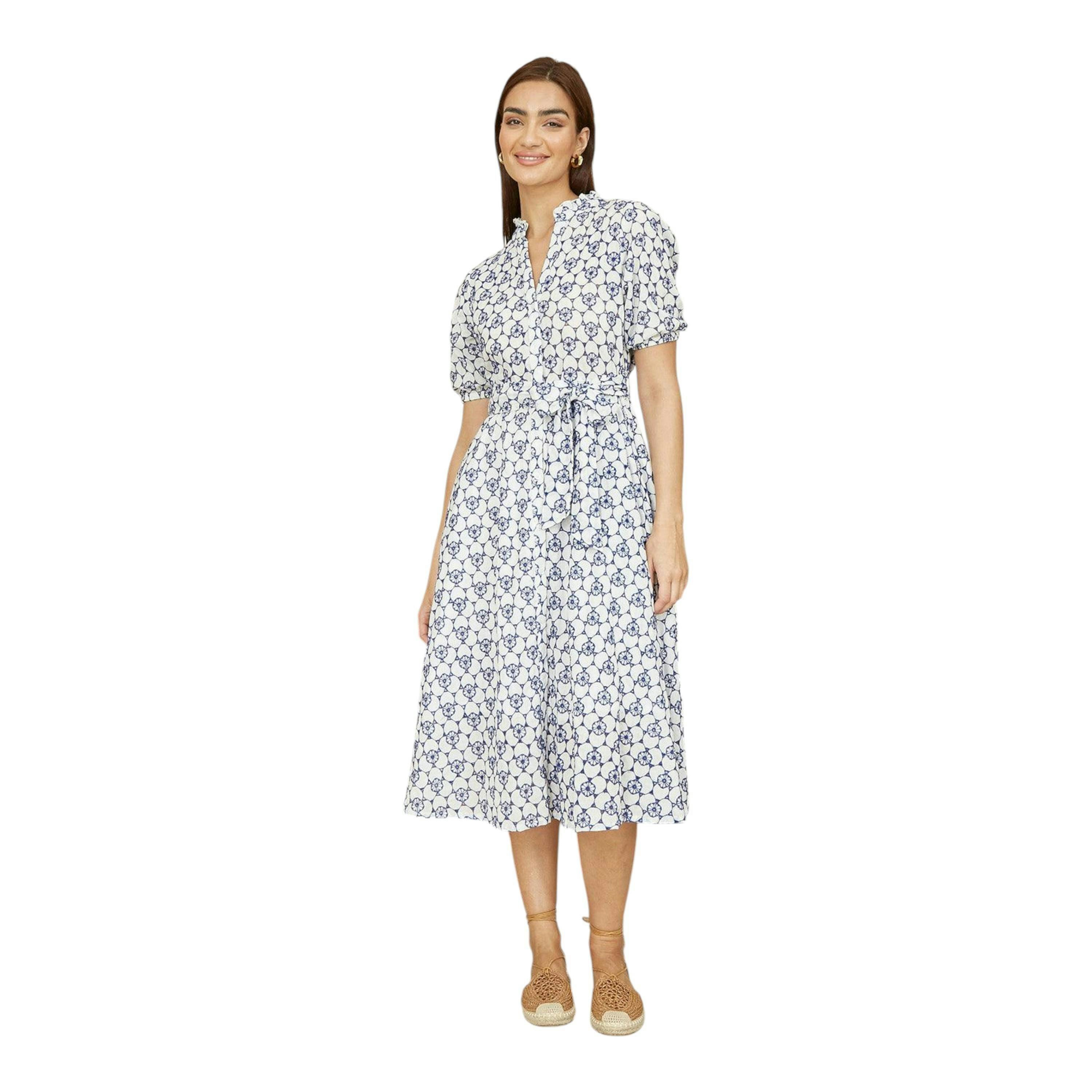 Yumi White and Blue Cotton Broderie Anglaise Midi Shirt Dress , view 3 of 4