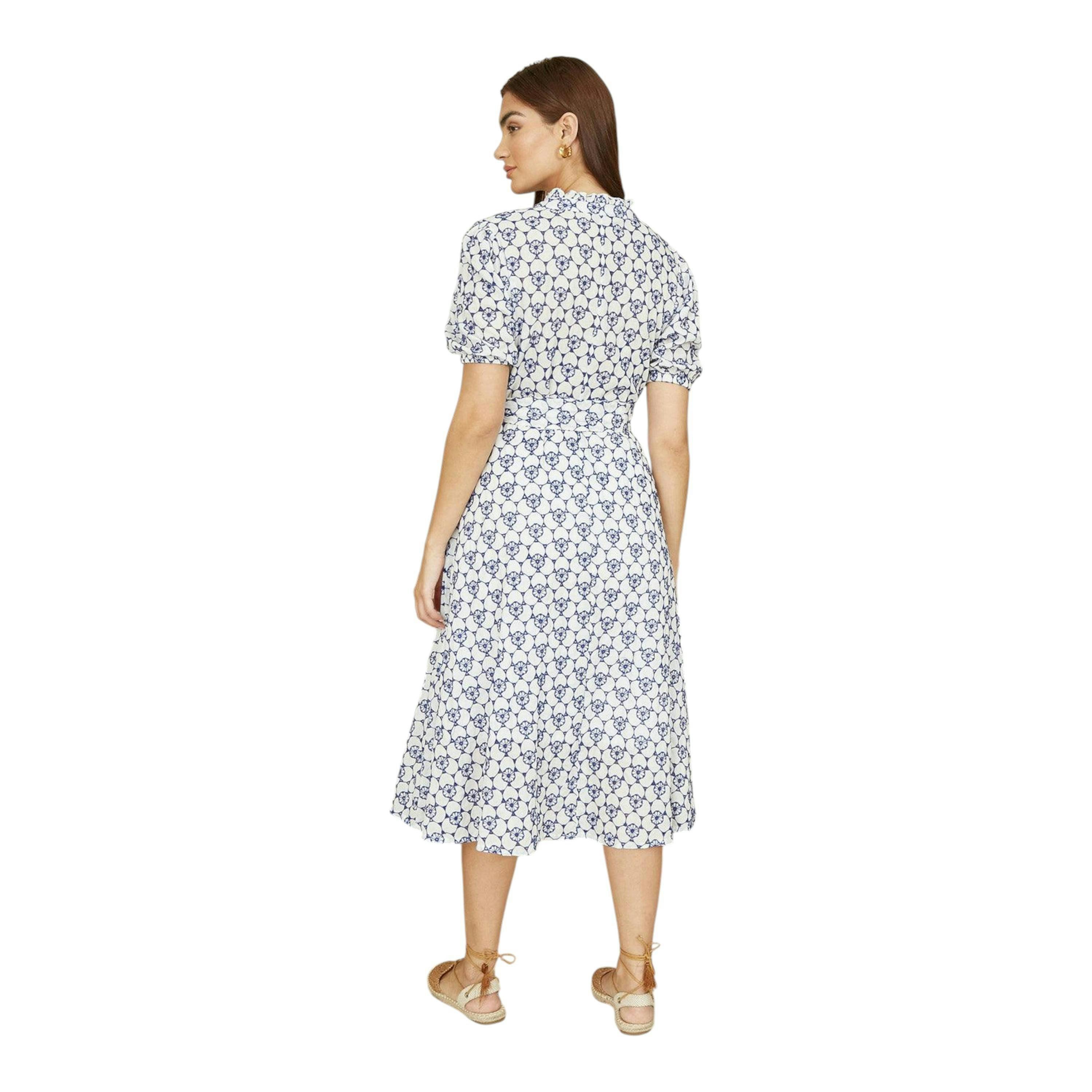 Yumi White and Blue Cotton Broderie Anglaise Midi Shirt Dress , view 4 of 4
