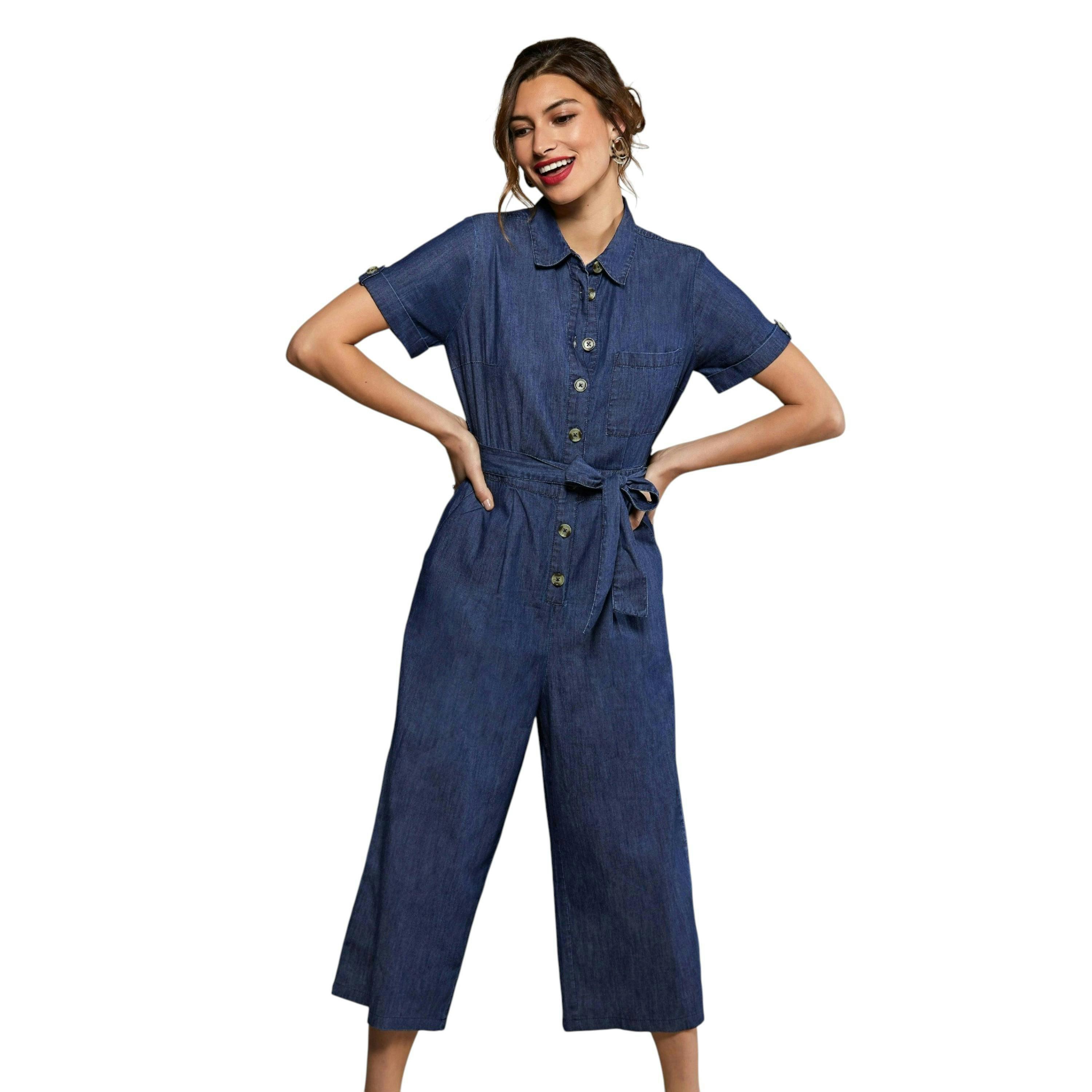 Yumi Blue Button Denim Jumpsuit , view 1 of 4
