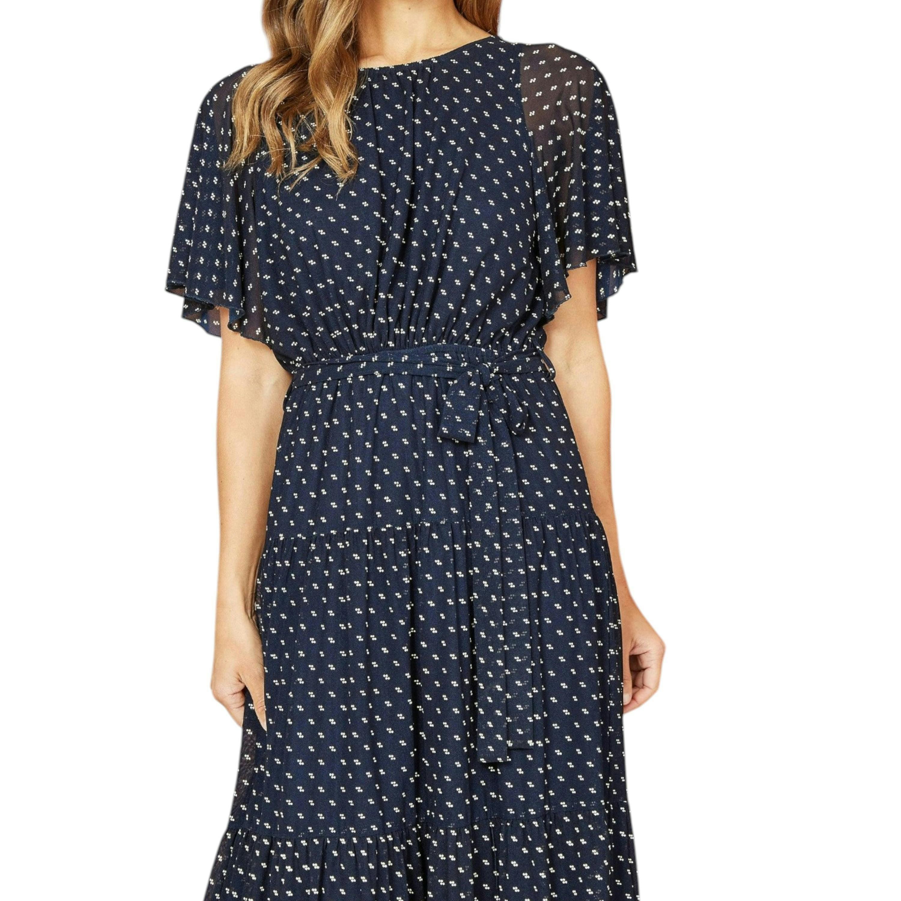 Yumi Navy Dot Print Mesh Stretch Midi Skater Dress , view 1 of 4