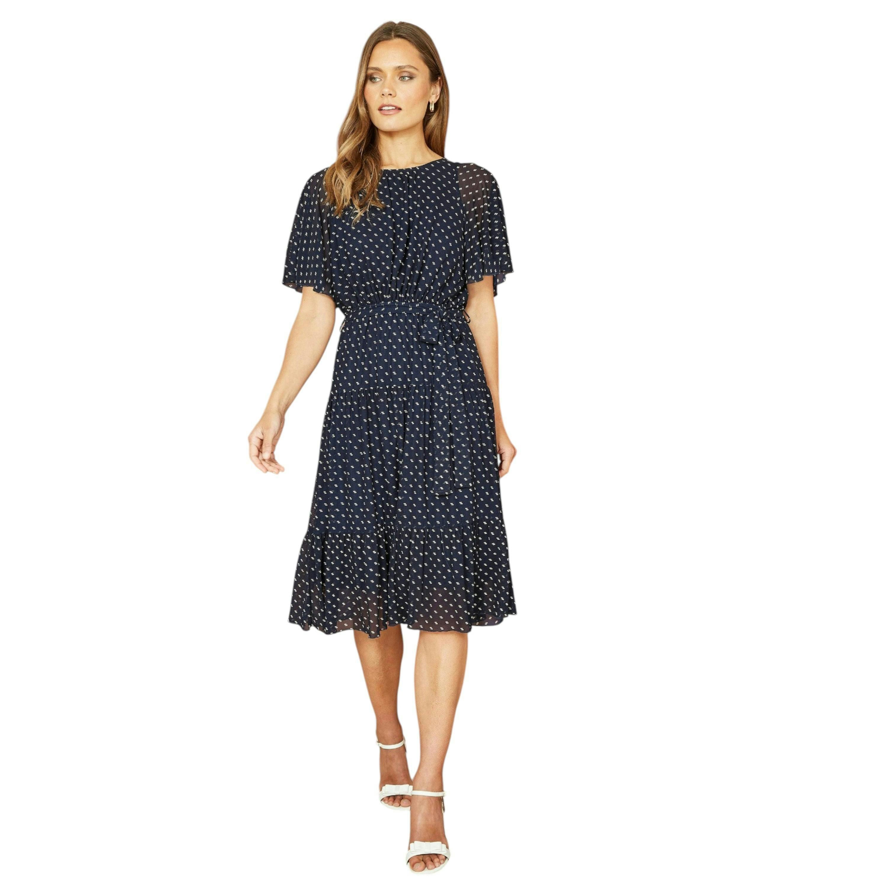 Yumi Navy Dot Print Mesh Stretch Midi Skater Dress , view 2 of 4