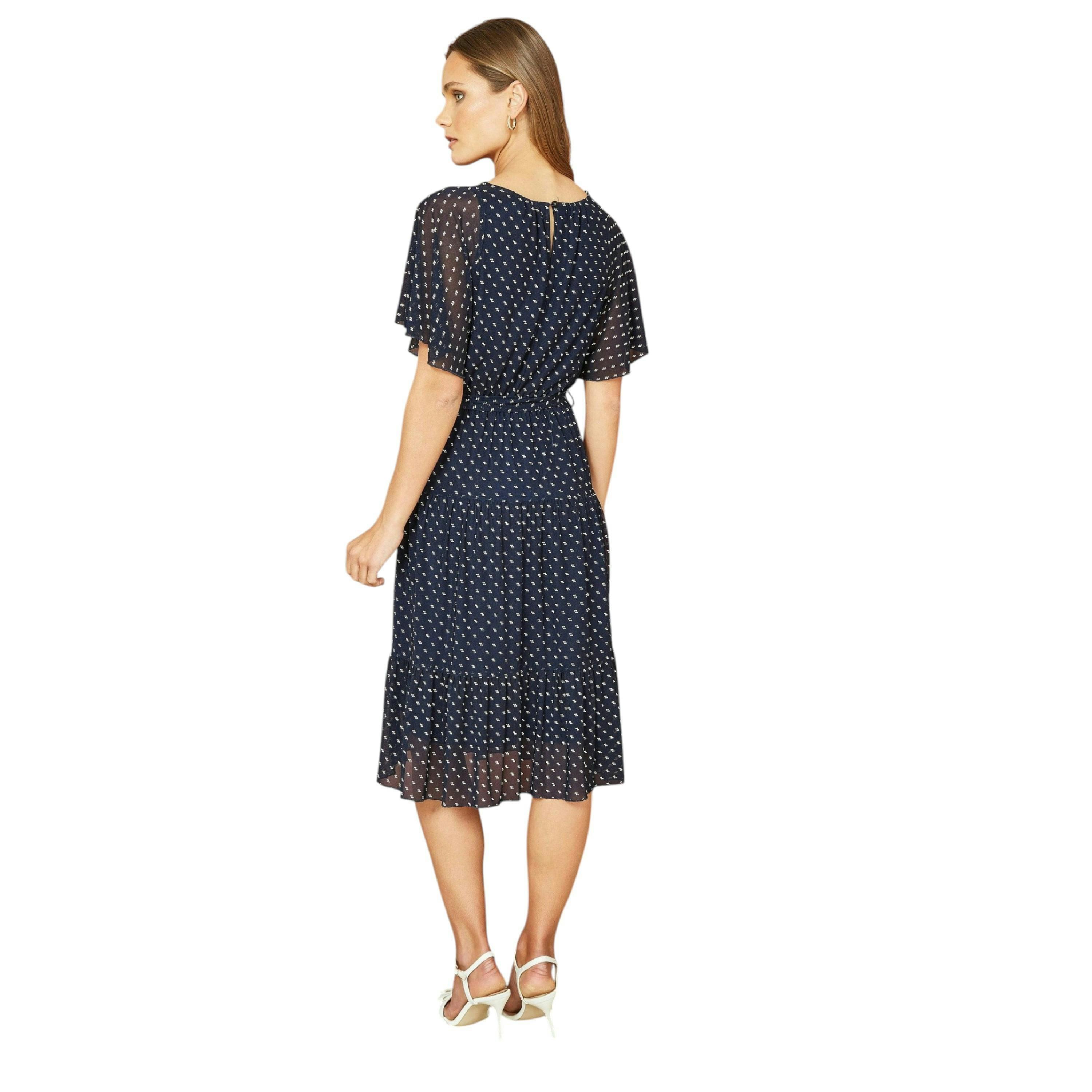 Yumi Navy Dot Print Mesh Stretch Midi Skater Dress , view 3 of 4