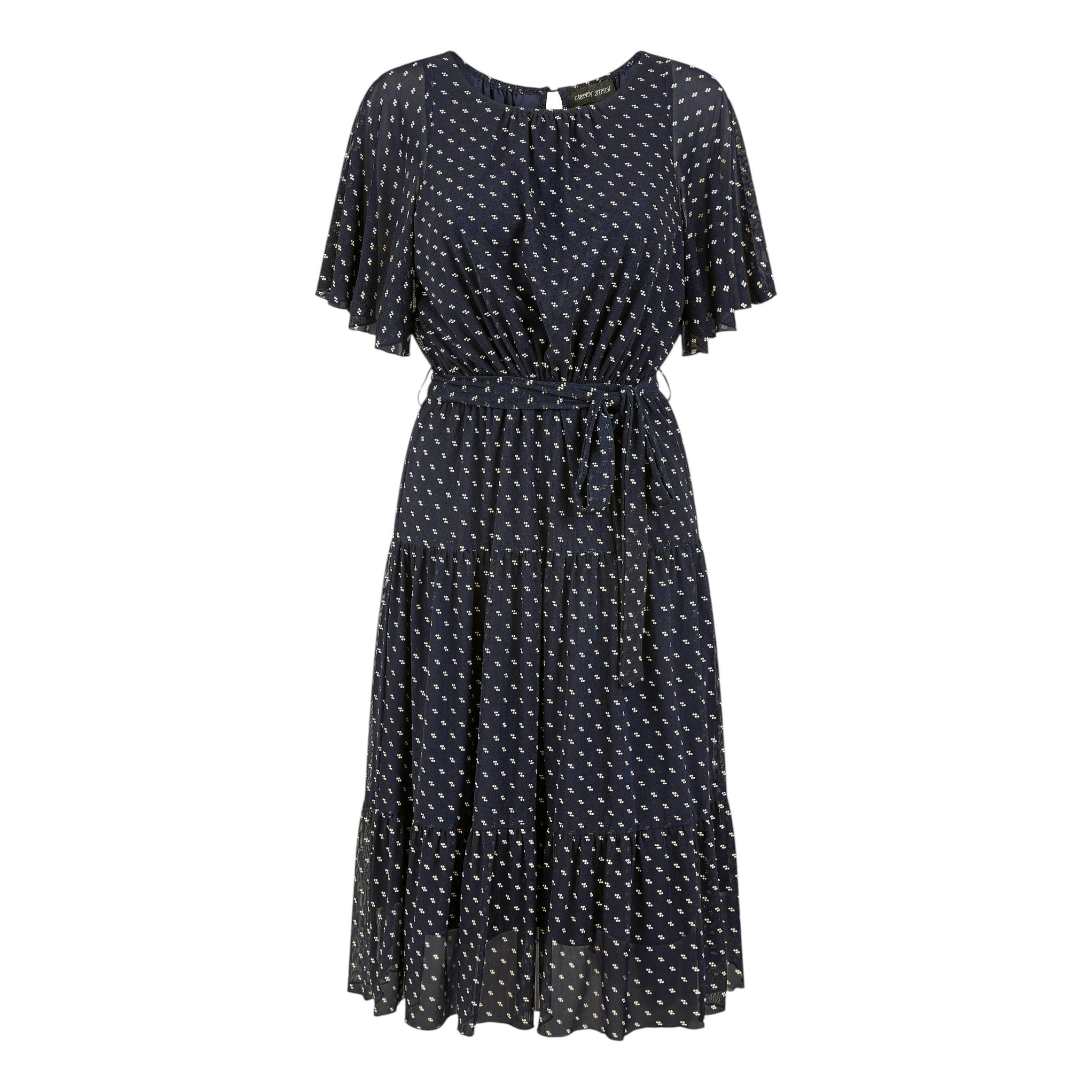 Yumi Navy Dot Print Mesh Stretch Midi Skater Dress , view 4 of 4