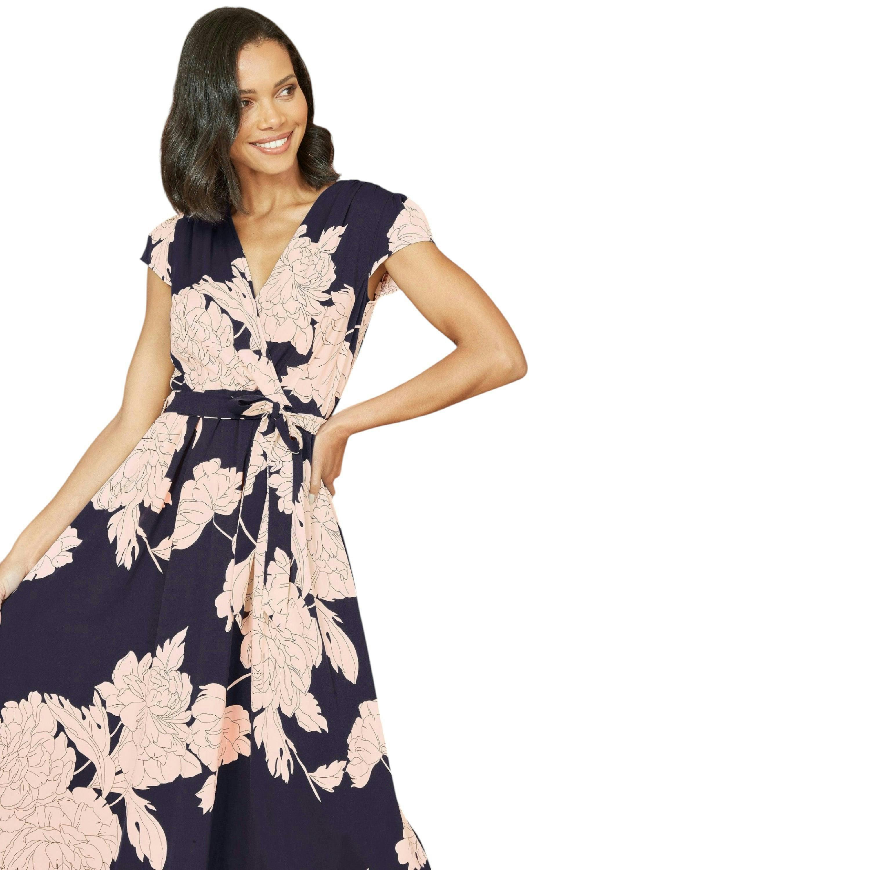 Yumi Navy Blossom Print Wrap Midi With Dipped Hem , view 1 of 3