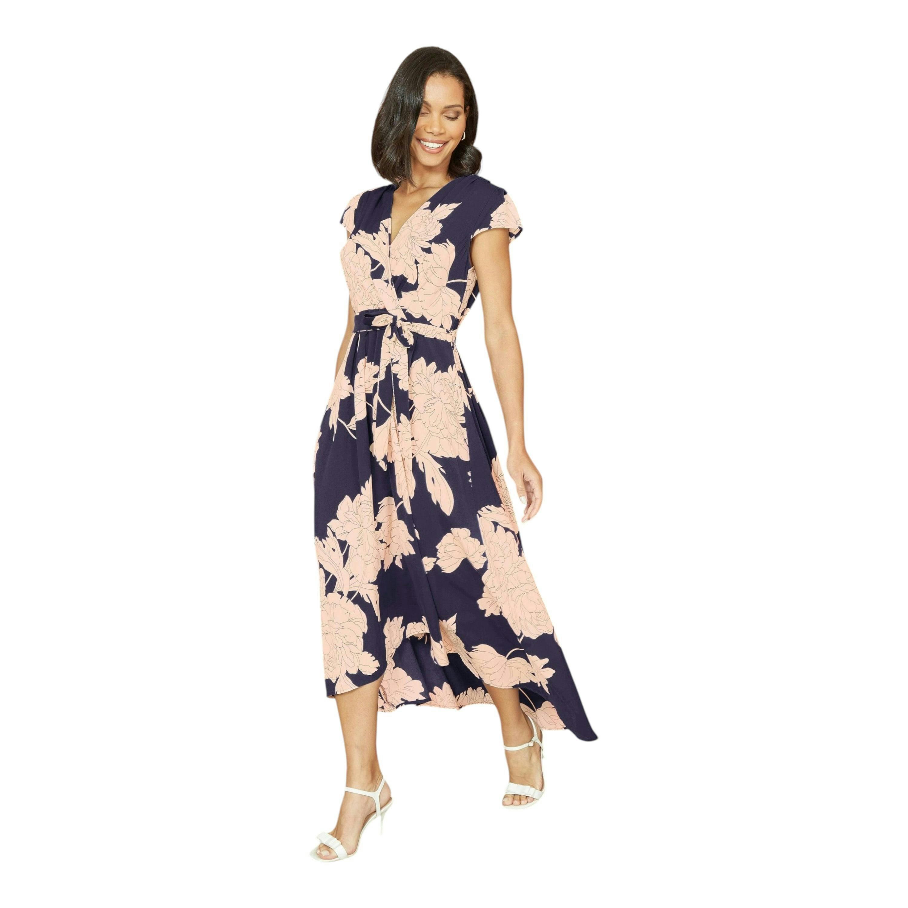 Yumi Navy Blossom Print Wrap Midi With Dipped Hem , view 2 of 3