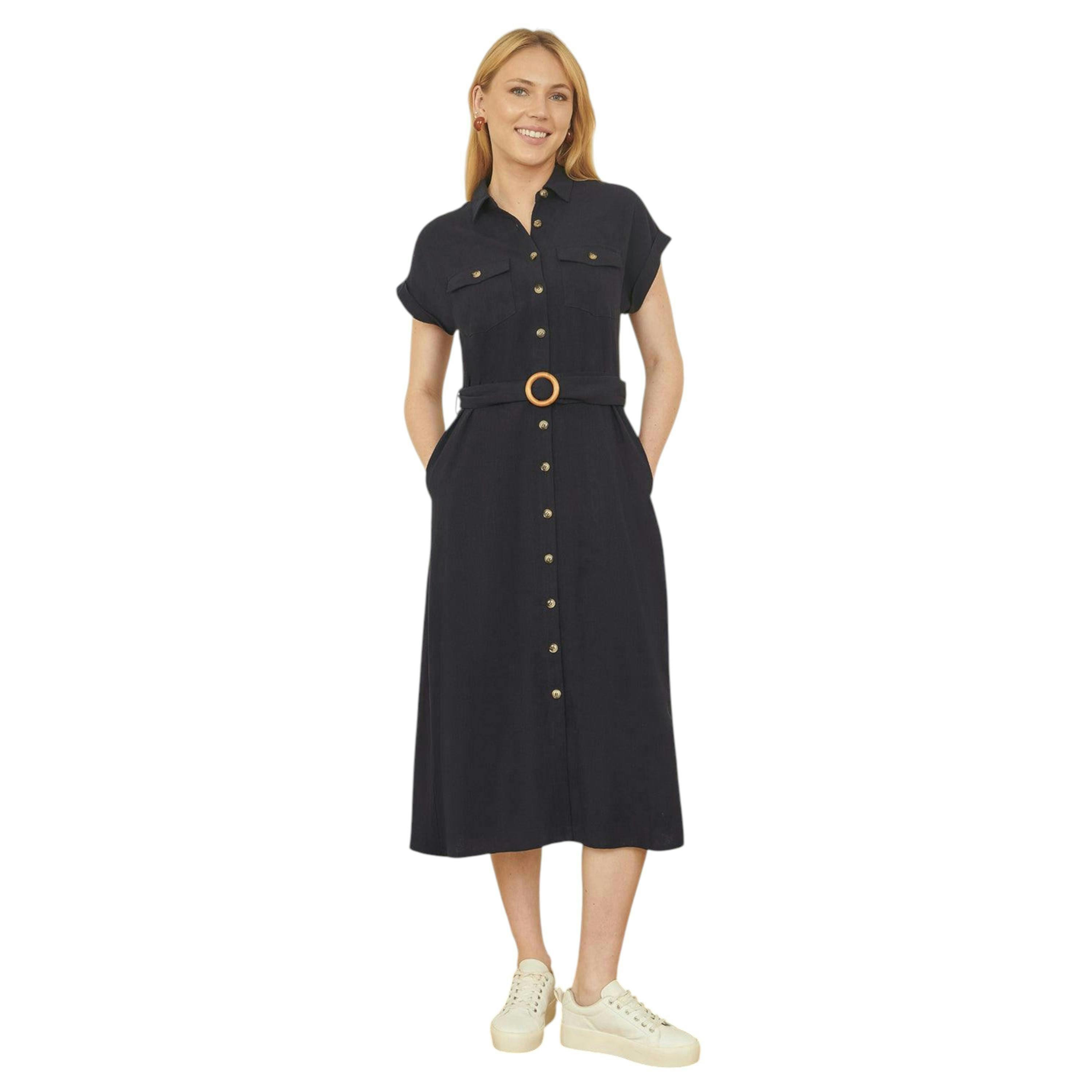 Yumi Navy Viscose Linen Look Midi Shirt Dress With Wooden Belt , view 1 of 4