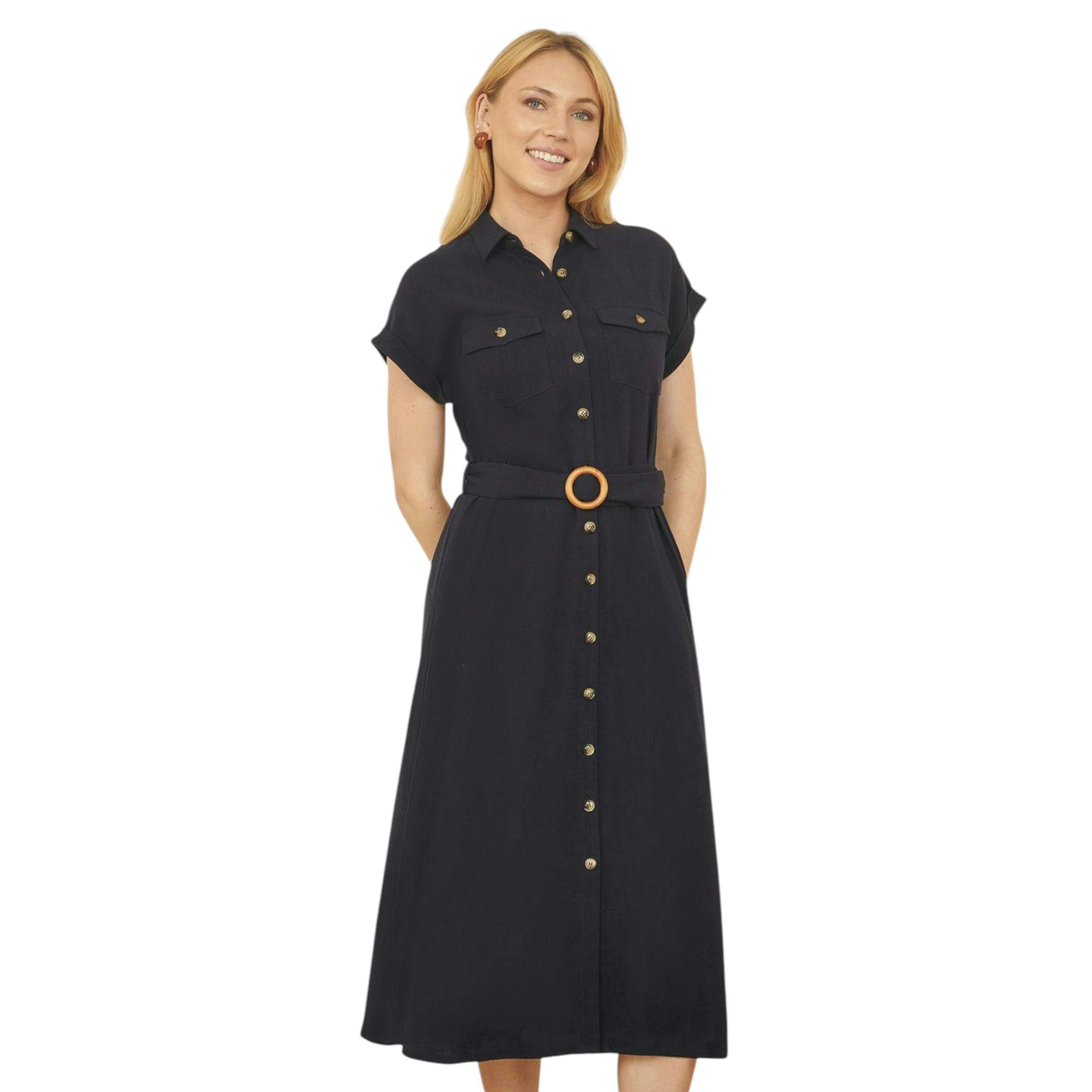 Yumi Navy Viscose Linen Look Midi Shirt Dress With Wooden Belt , view 2 of 4
