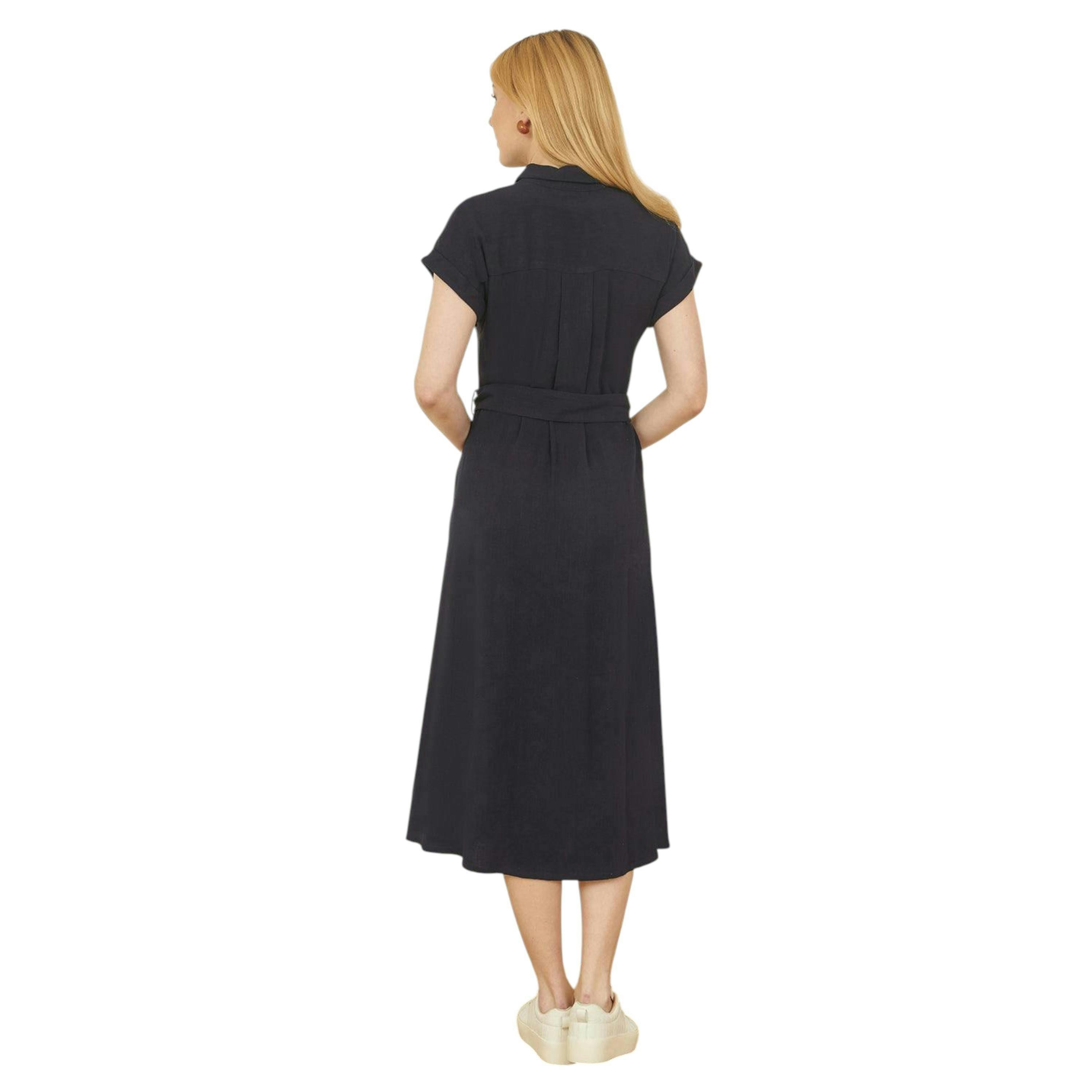 Yumi Navy Viscose Linen Look Midi Shirt Dress With Wooden Belt , view 3 of 4