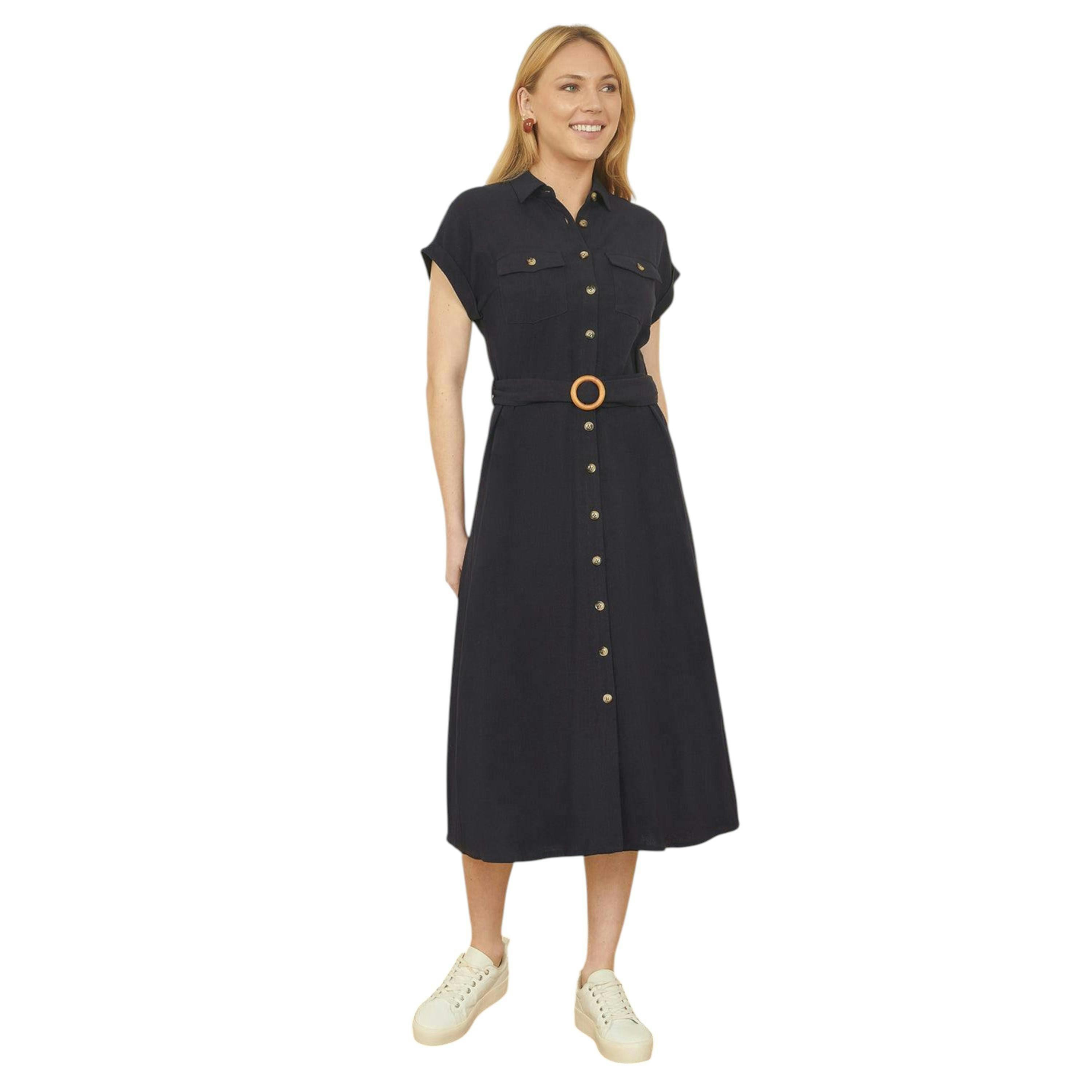 Yumi Navy Viscose Linen Look Midi Shirt Dress With Wooden Belt , view 4 of 4