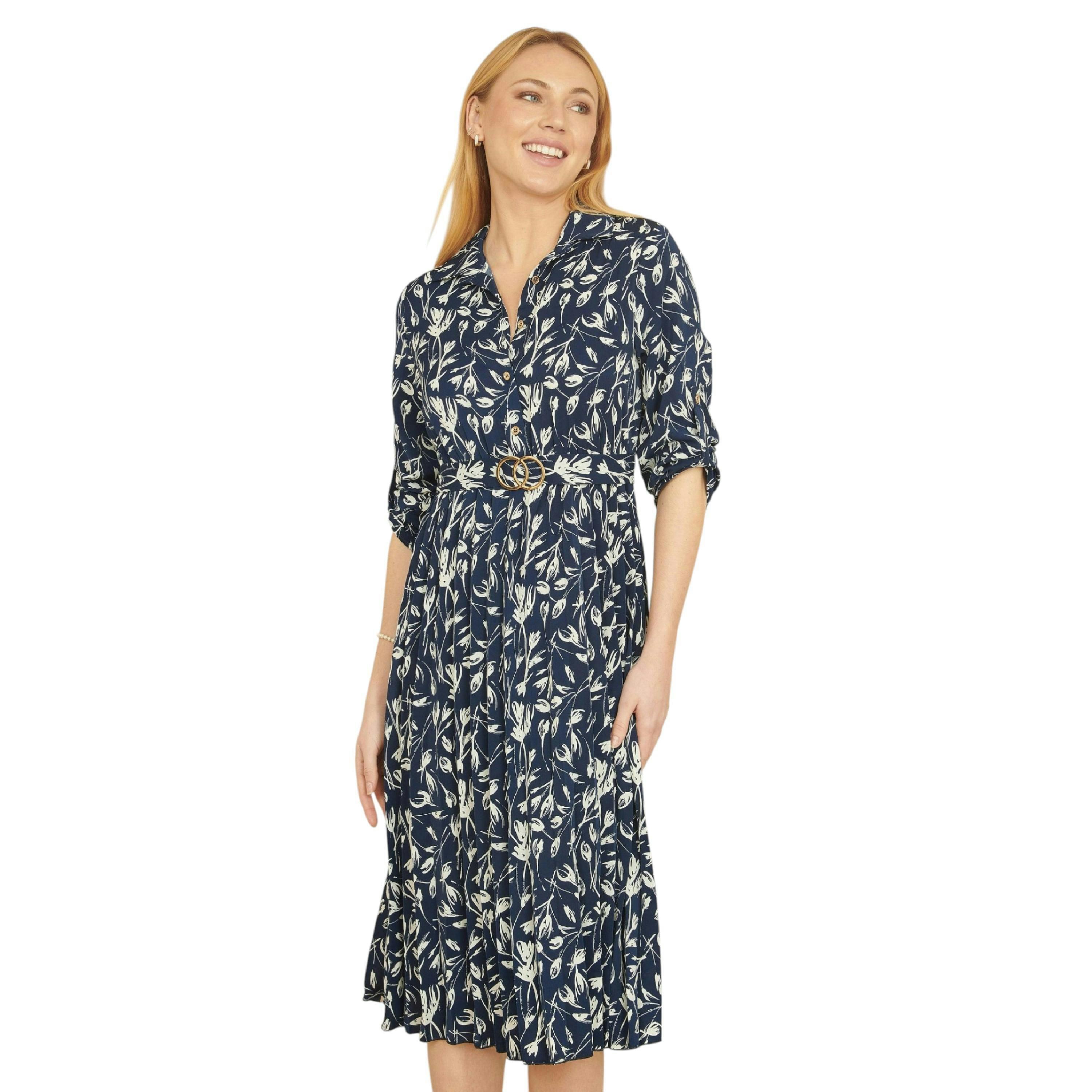 Yumi Navy Floral Print Pleated Skater Dress With Buckle , view 1 of 4