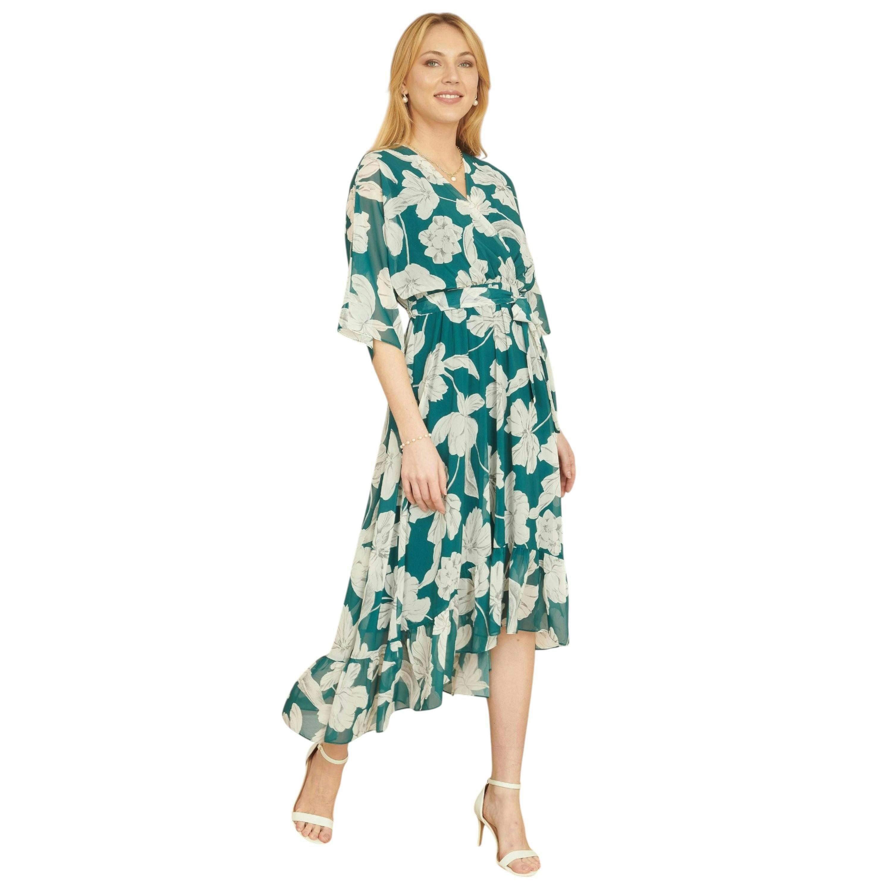 Yumi Green Kimono Sleeves Midi Dip Hem Wrap Midi Dress , view 1 of 5