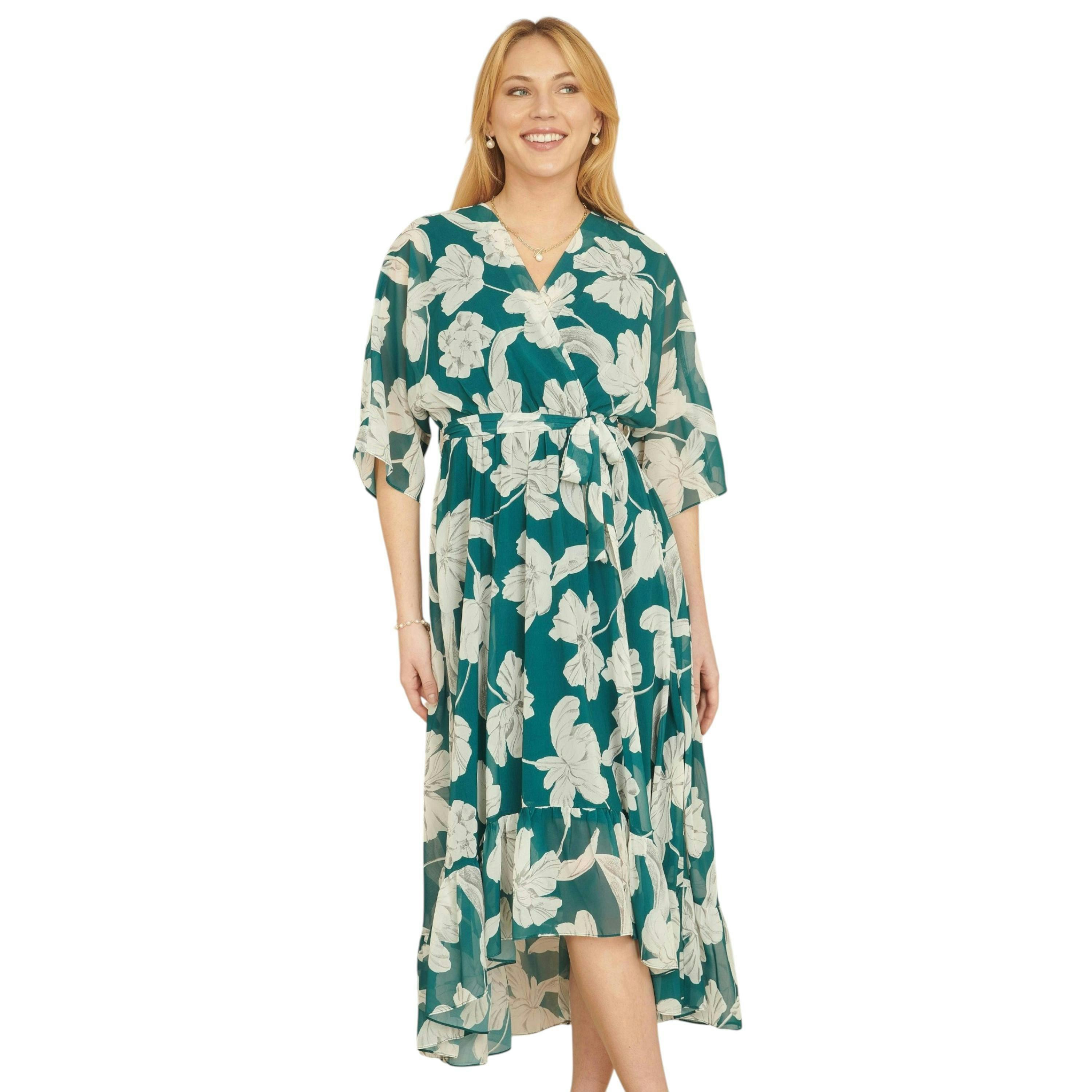 Yumi Green Kimono Sleeves Midi Dip Hem Wrap Midi Dress , view 2 of 5