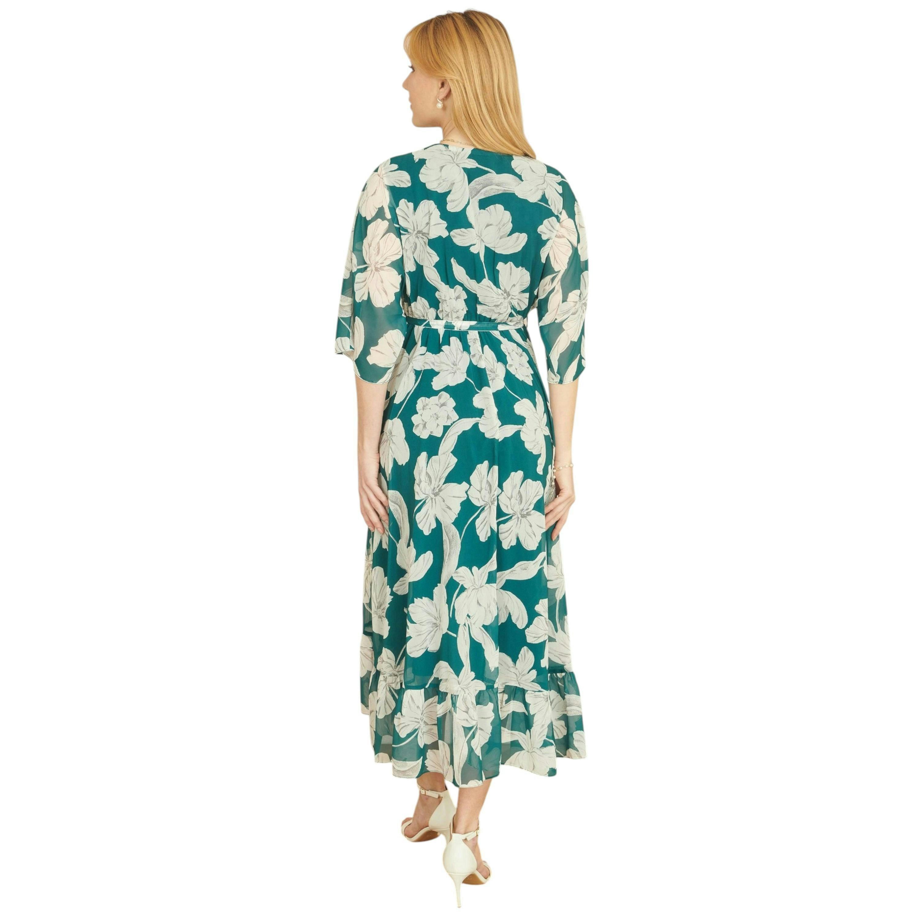 Yumi Green Kimono Sleeves Midi Dip Hem Wrap Midi Dress , view 3 of 5