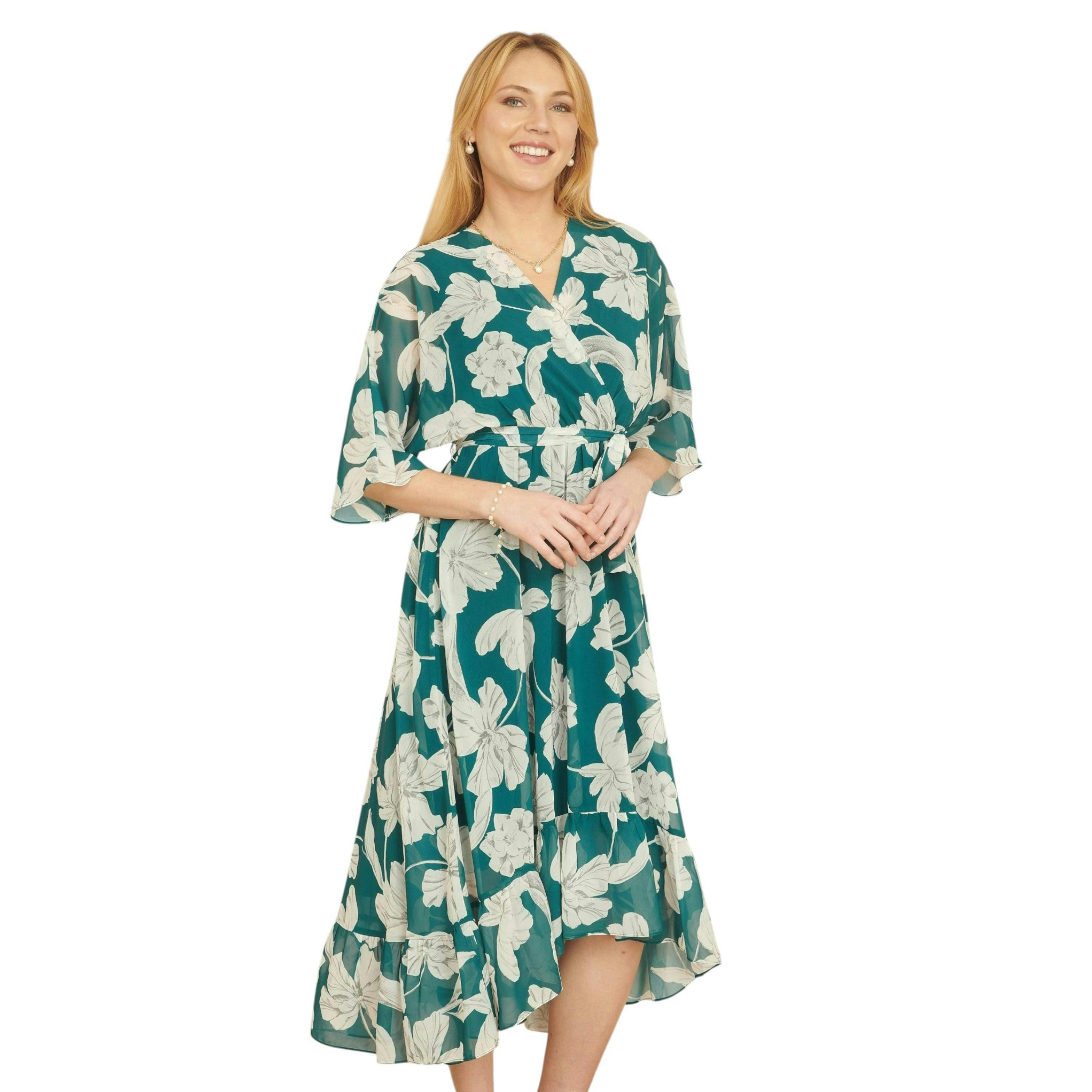 Yumi Green Kimono Sleeves Midi Dip Hem Wrap Midi Dress , view 4 of 5