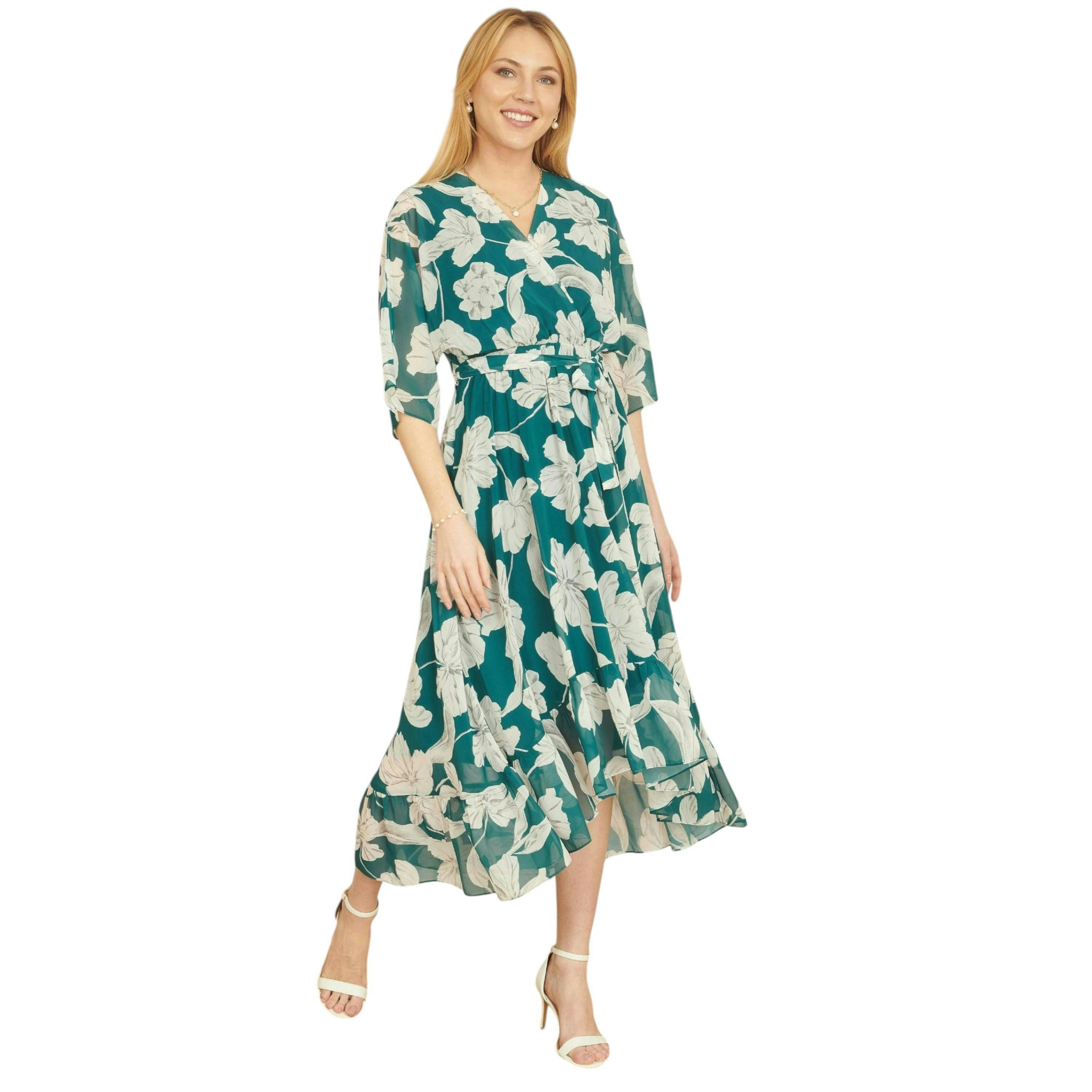 Yumi Green Kimono Sleeves Midi Dip Hem Wrap Midi Dress , view 5 of 5