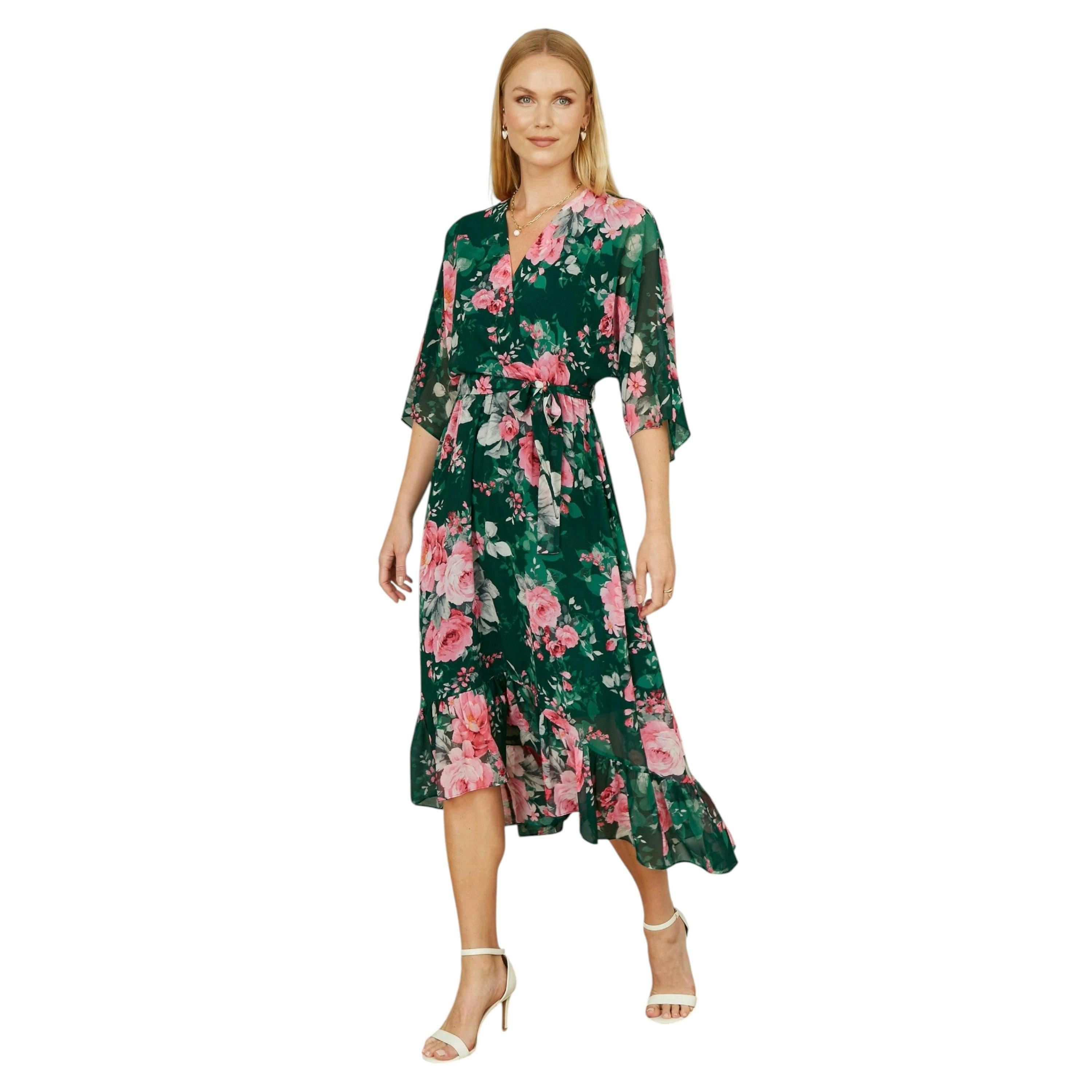 Yumi Dark Green Kimono Sleeves Midi Dip Hem Wrap Midi Dress , view 1 of 6