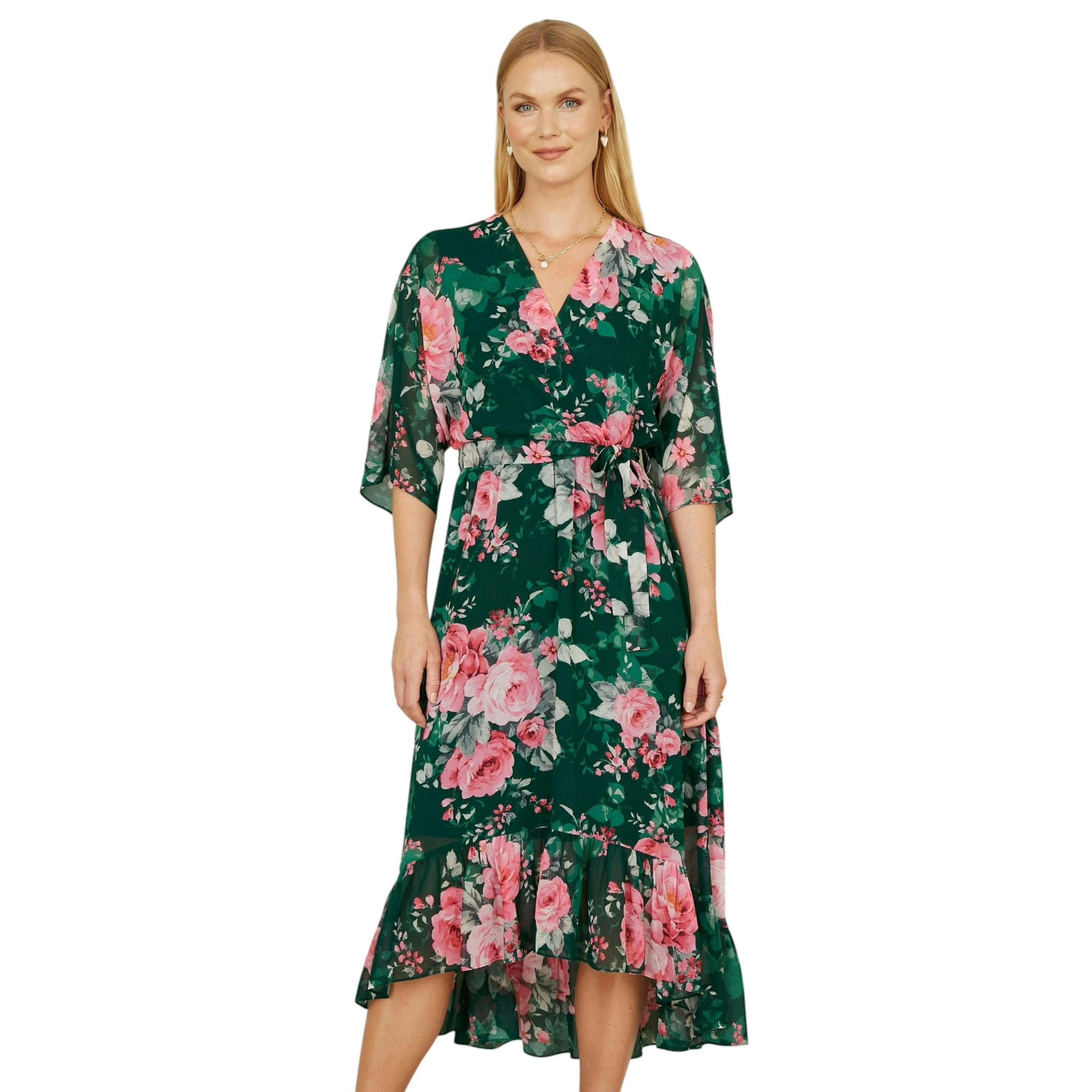 Yumi Dark Green Kimono Sleeves Midi Dip Hem Wrap Midi Dress , view 3 of 6