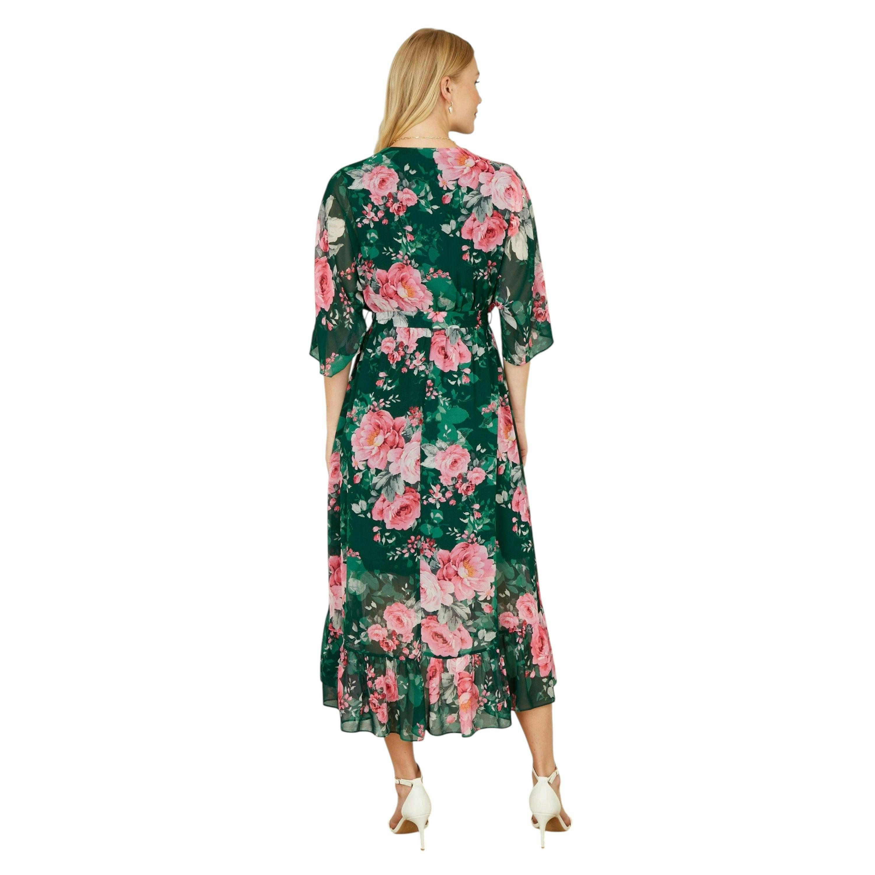 Yumi Dark Green Kimono Sleeves Midi Dip Hem Wrap Midi Dress , view 4 of 6