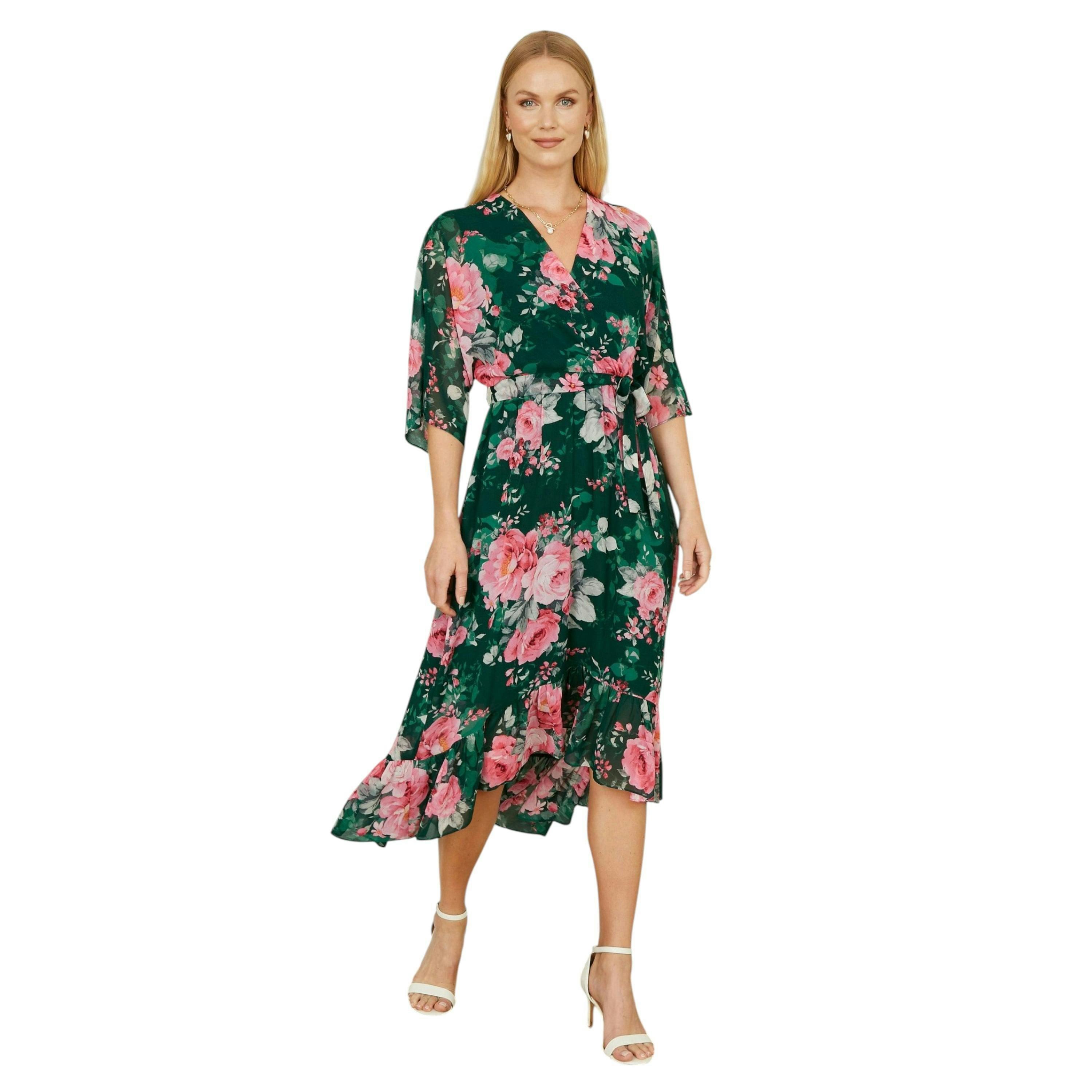 Yumi Dark Green Kimono Sleeves Midi Dip Hem Wrap Midi Dress , view 5 of 6