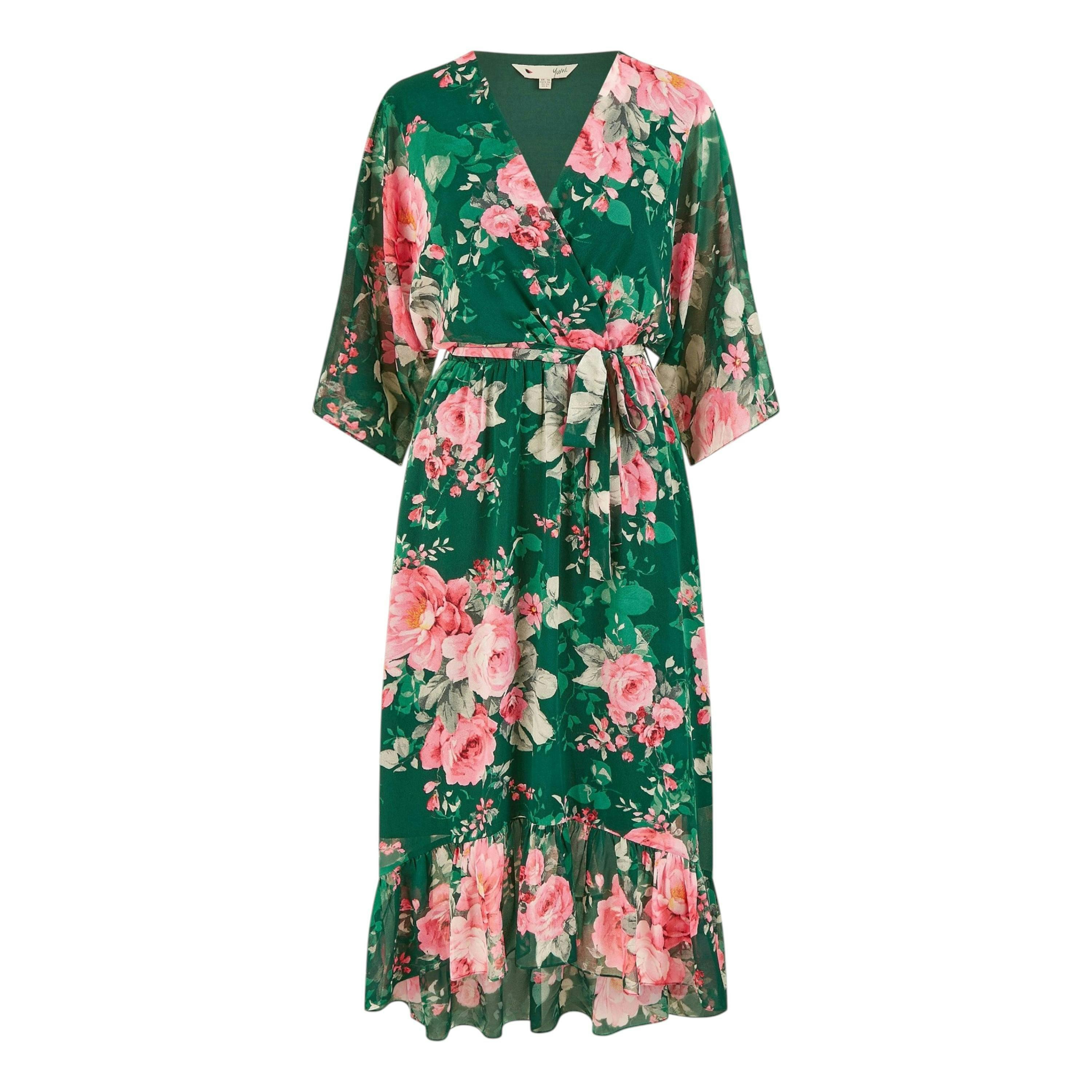 Yumi Dark Green Kimono Sleeves Midi Dip Hem Wrap Midi Dress , view 6 of 6