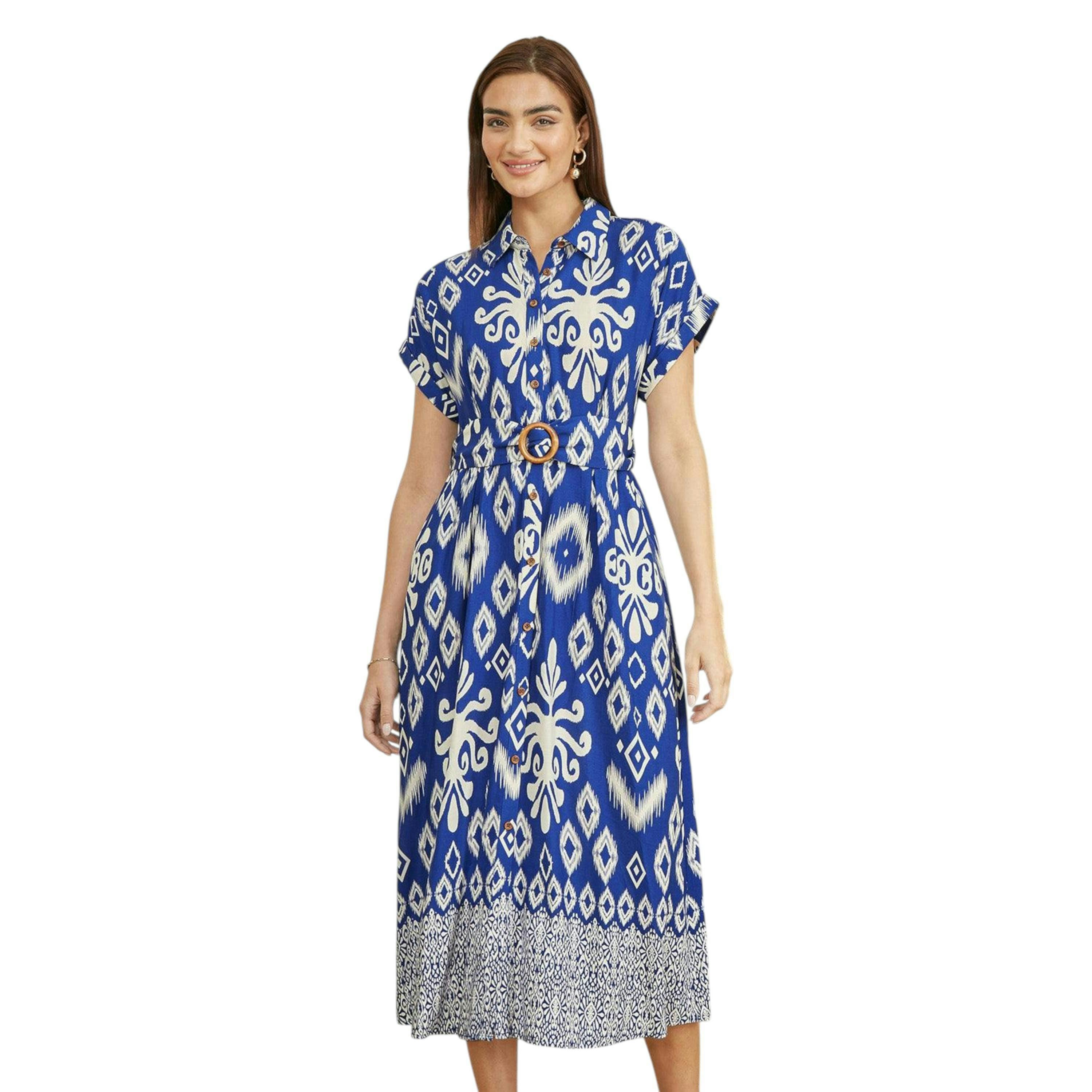 Yumi Blue Abstract Geo Print Relaxed Midi Shirt Dress With Belt , view 1 of 6