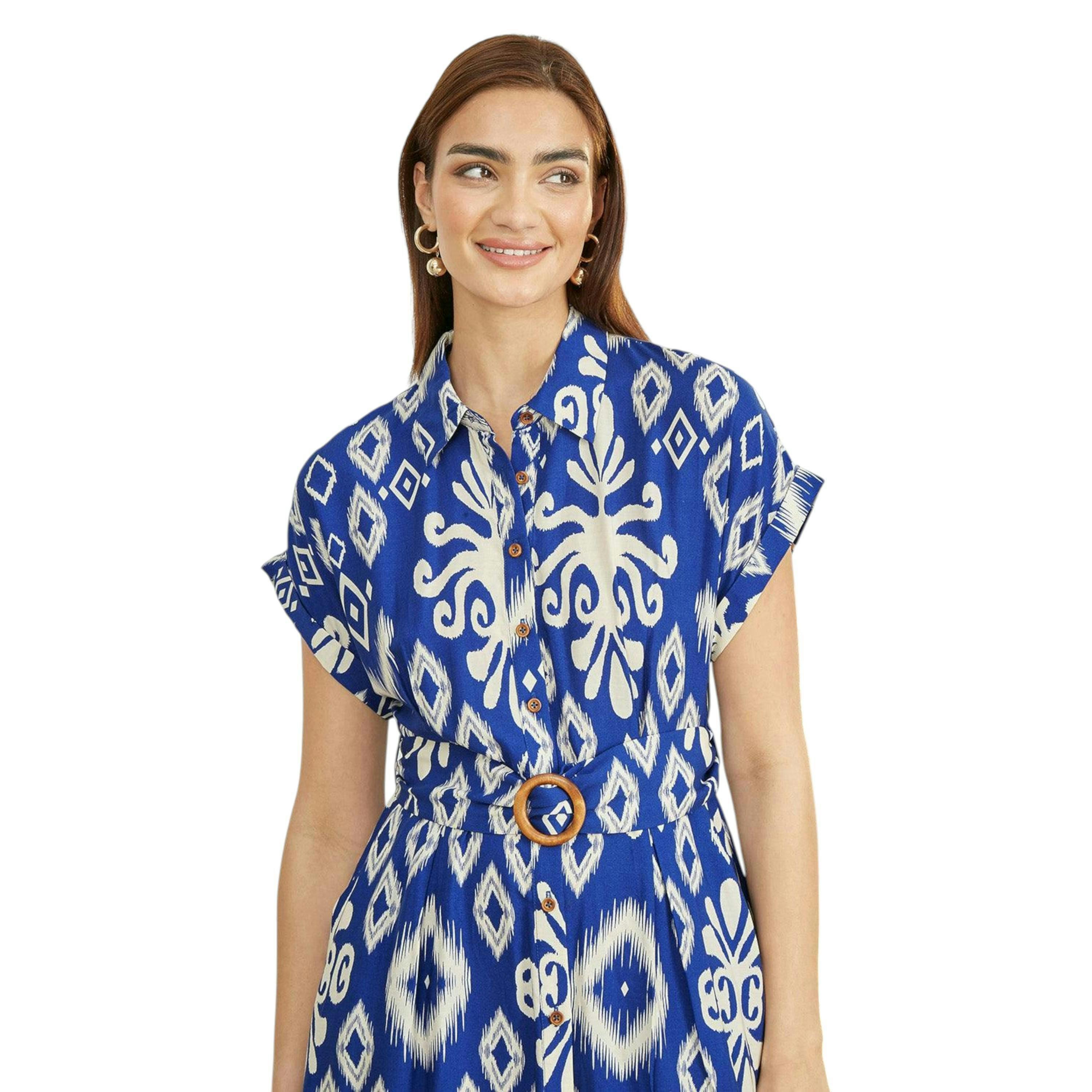 Yumi Blue Abstract Geo Print Relaxed Midi Shirt Dress With Belt , view 2 of 6