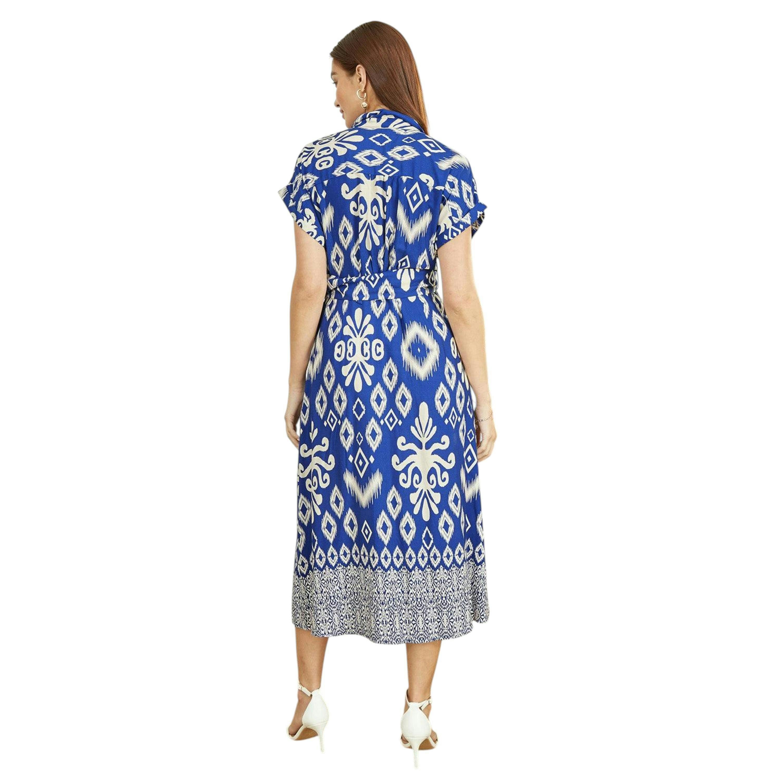 Yumi Blue Abstract Geo Print Relaxed Midi Shirt Dress With Belt , view 3 of 6