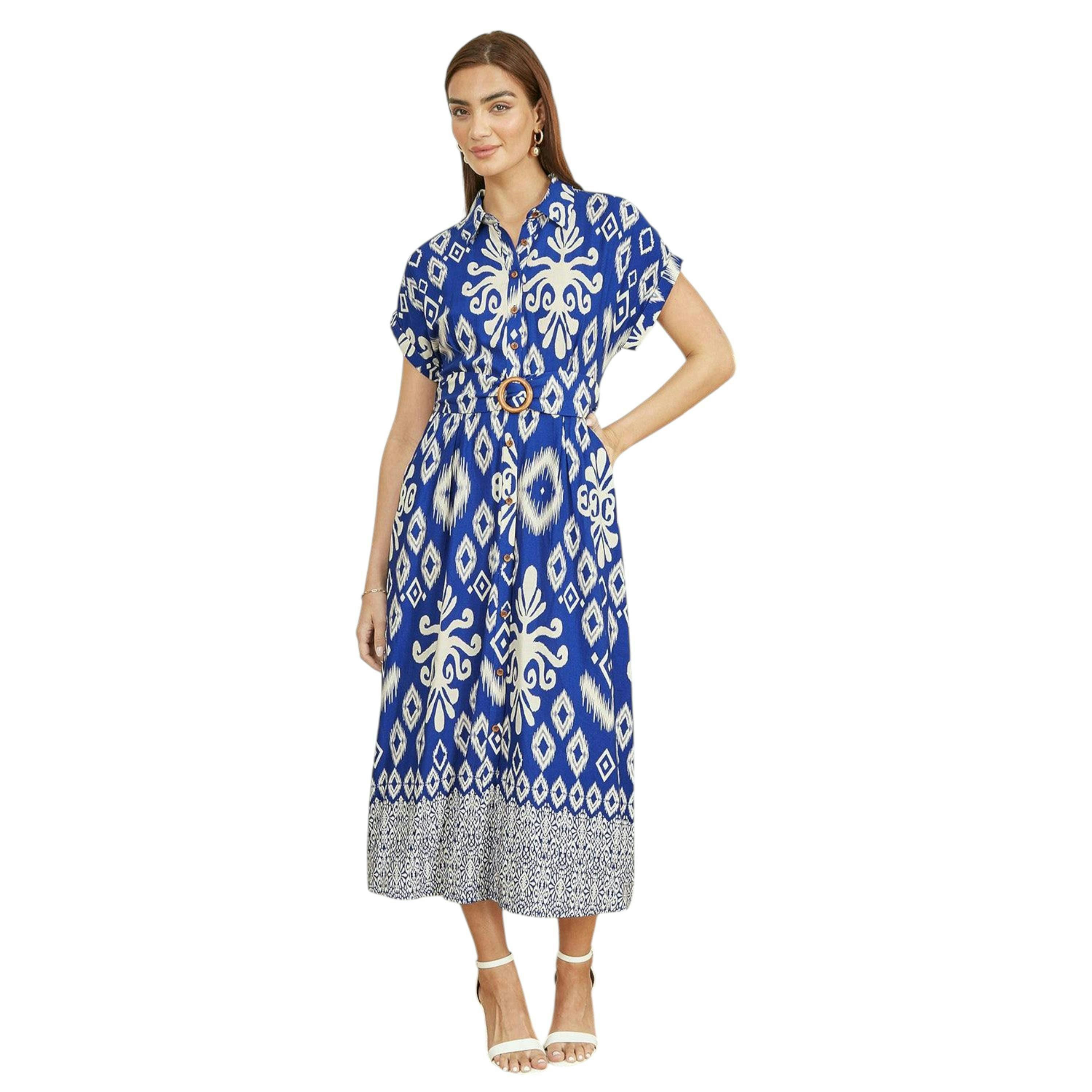 Yumi Blue Abstract Geo Print Relaxed Midi Shirt Dress With Belt , view 4 of 6
