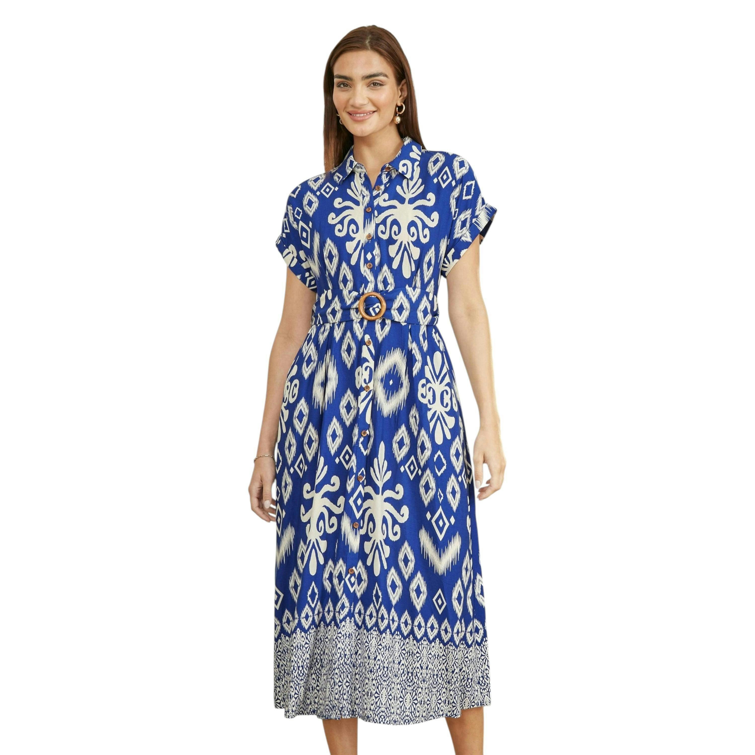 Yumi Blue Abstract Geo Print Relaxed Midi Shirt Dress With Belt , view 6 of 6