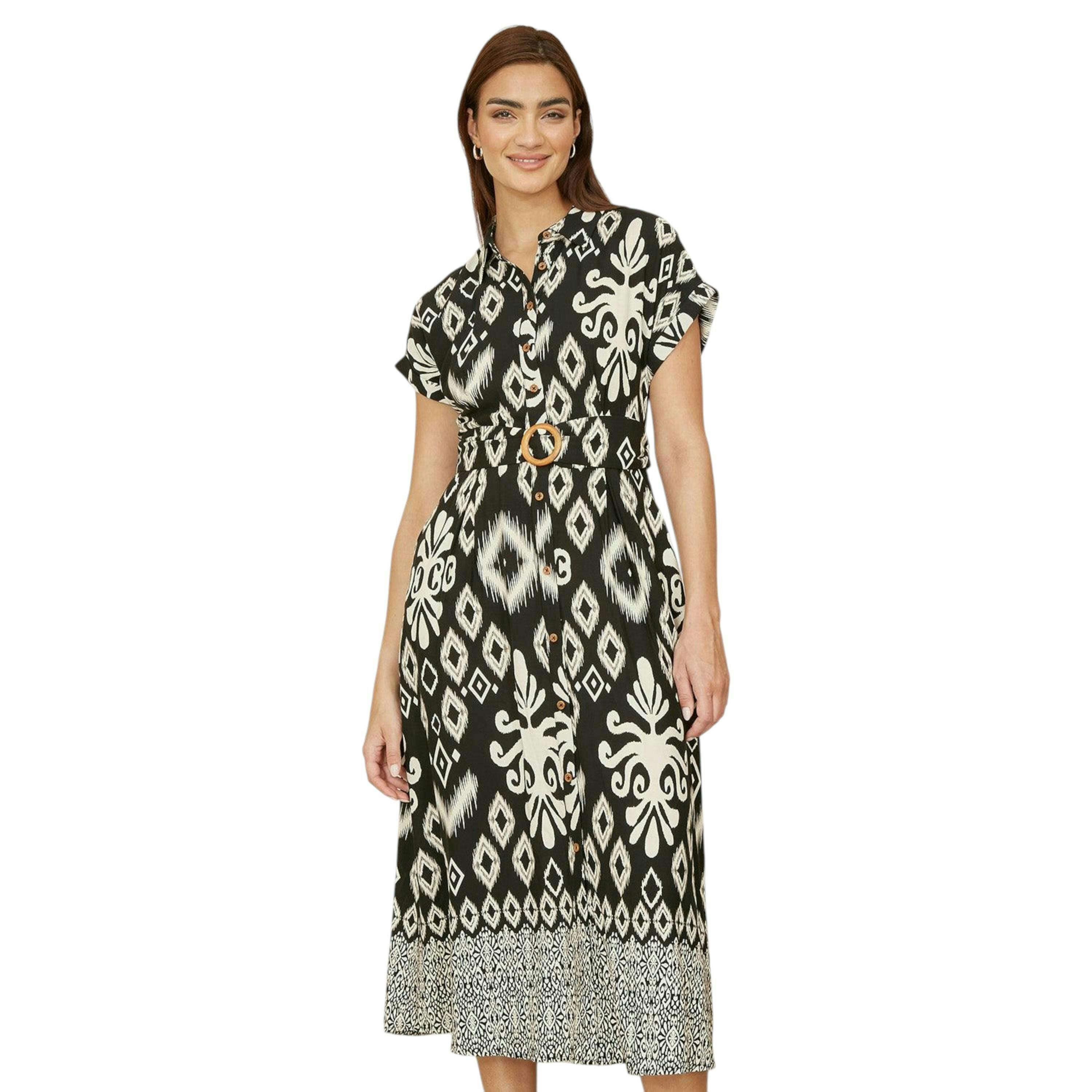 Yumi Black Abstract Geo Print Relaxed Midi Shirt Dress With Belt , view 1 of 6