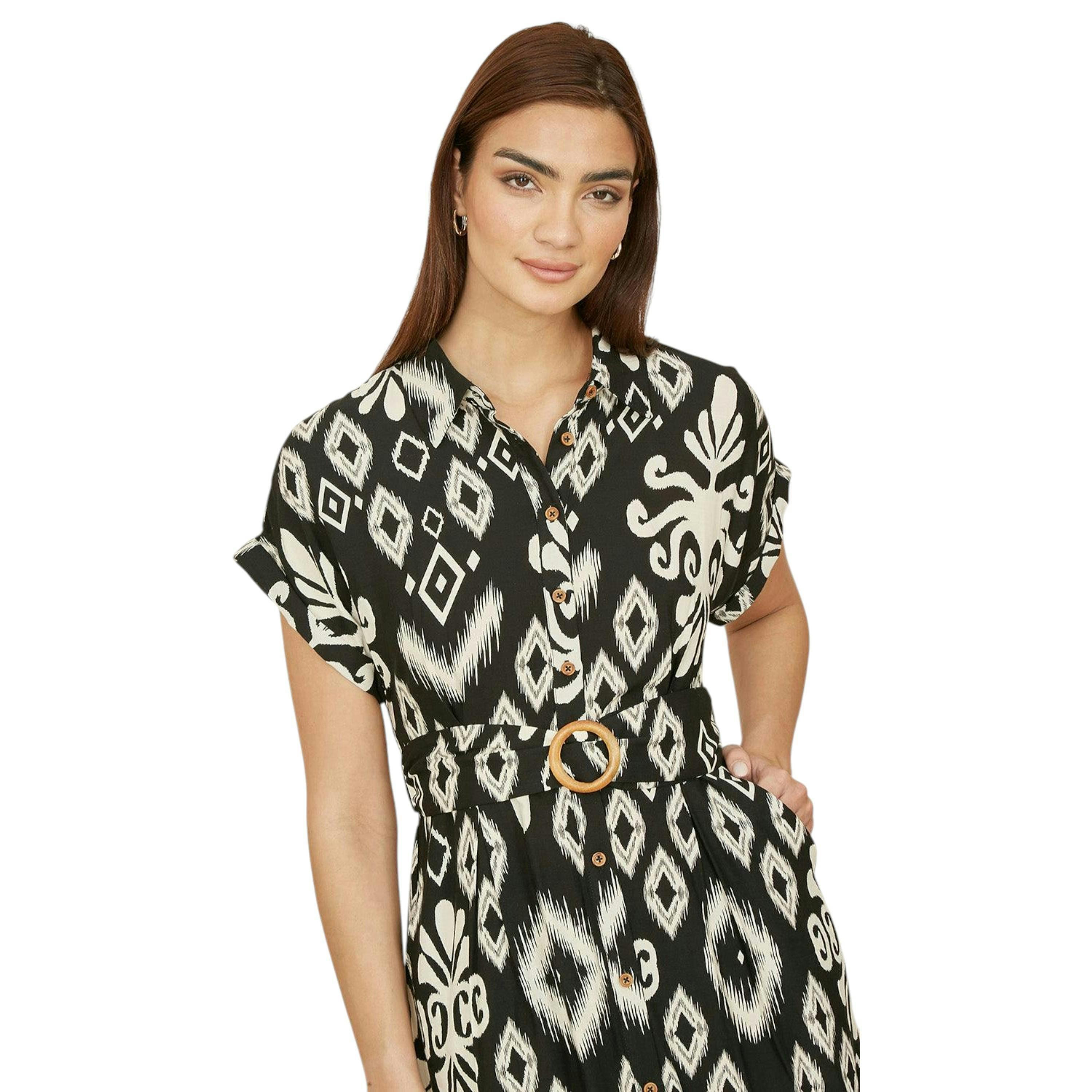 Yumi Black Abstract Geo Print Relaxed Midi Shirt Dress With Belt , view 2 of 6