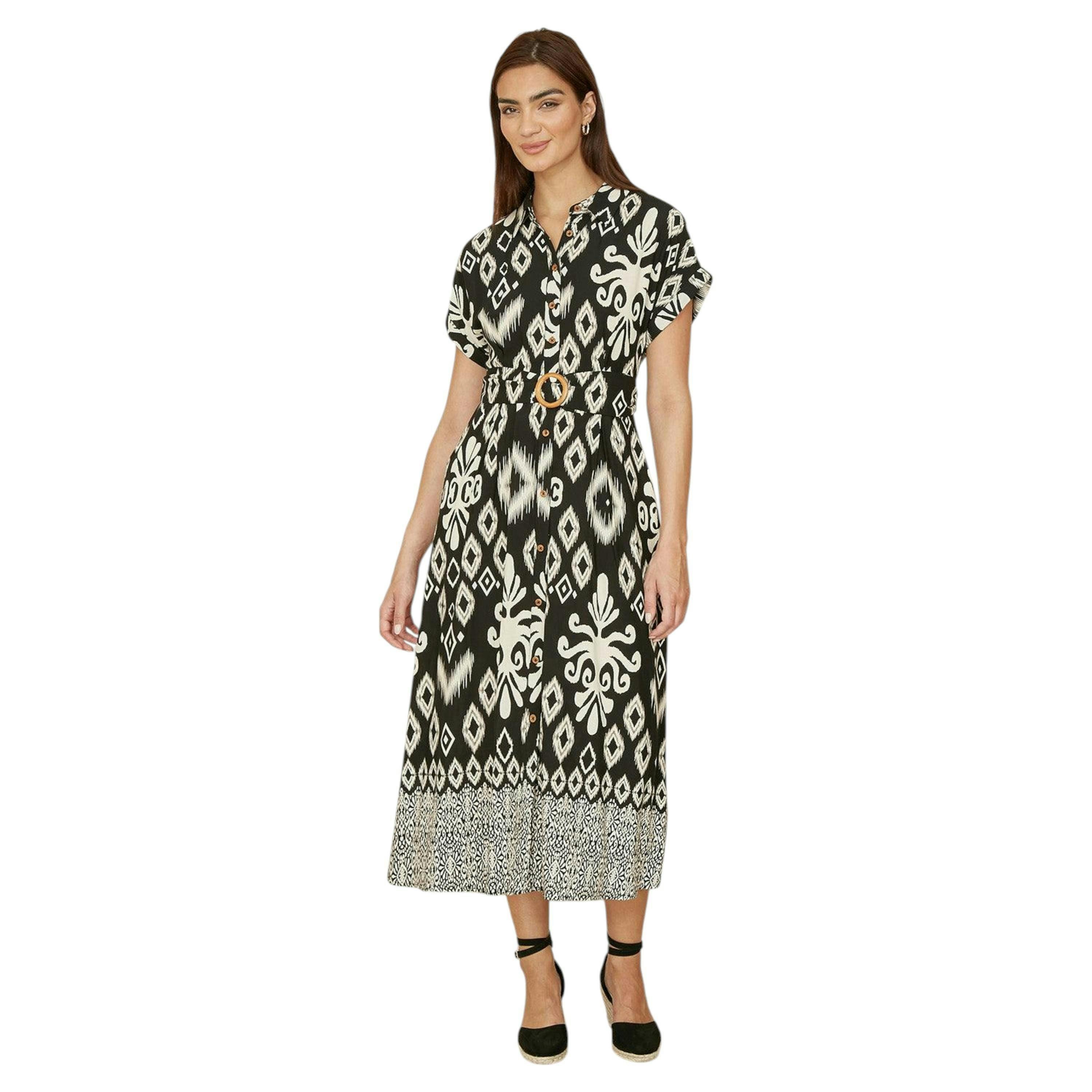 Yumi Black Abstract Geo Print Relaxed Midi Shirt Dress With Belt , view 3 of 6