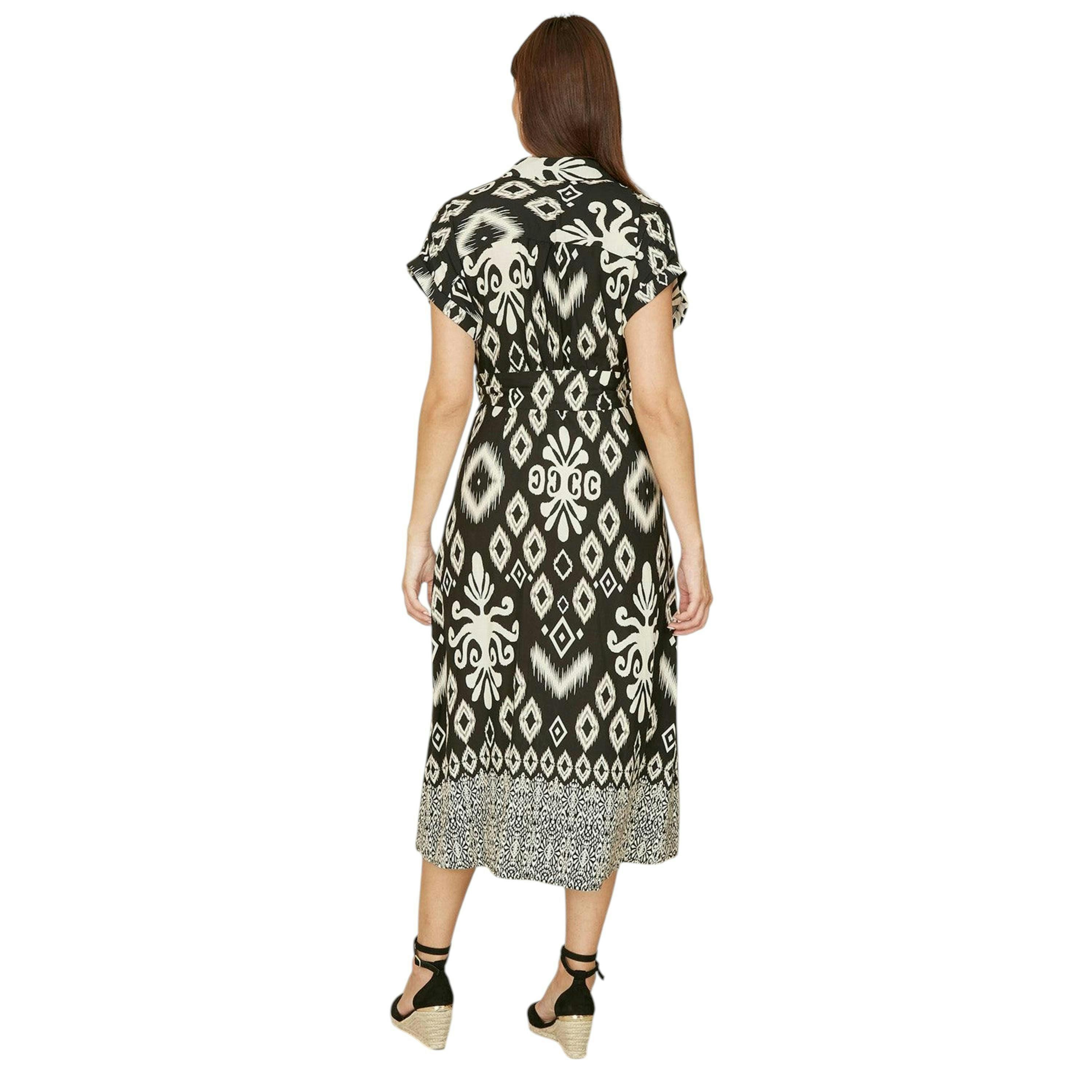 Yumi Black Abstract Geo Print Relaxed Midi Shirt Dress With Belt , view 4 of 6