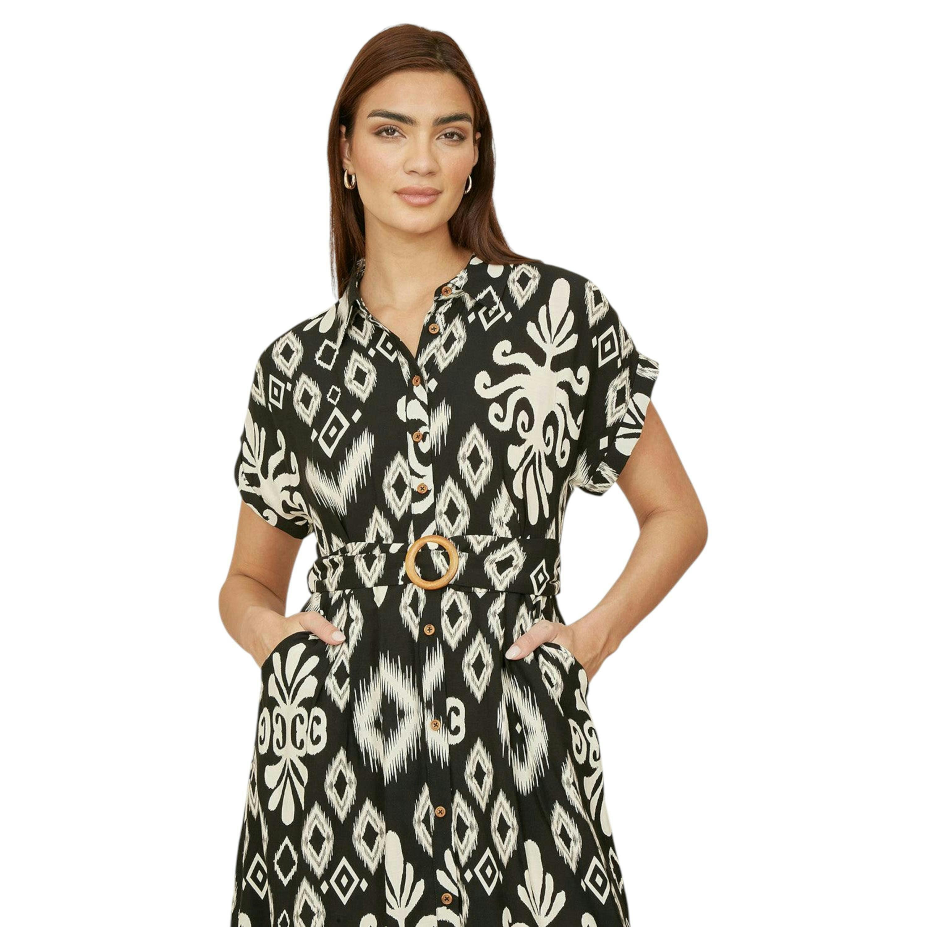 Yumi Black Abstract Geo Print Relaxed Midi Shirt Dress With Belt , view 5 of 6