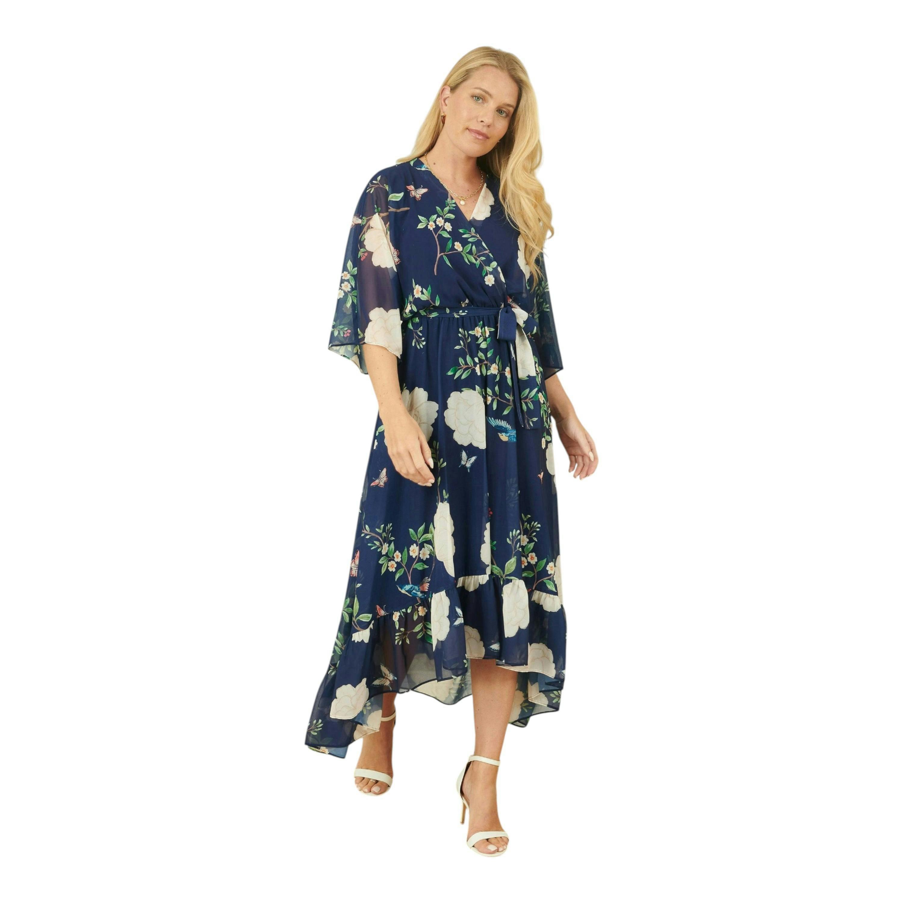 Yumi Navy Bird and Floral Print Midi Wrap Dress , view 1 of 6