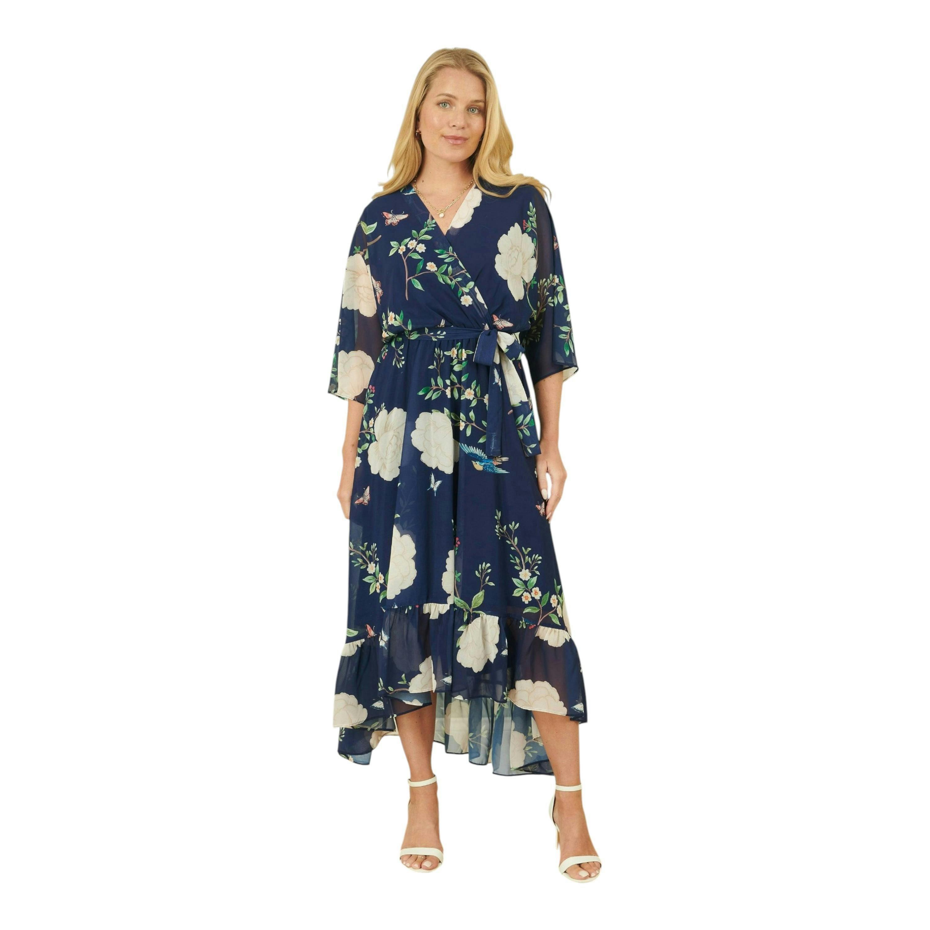 Yumi Navy Bird and Floral Print Midi Wrap Dress , view 2 of 6
