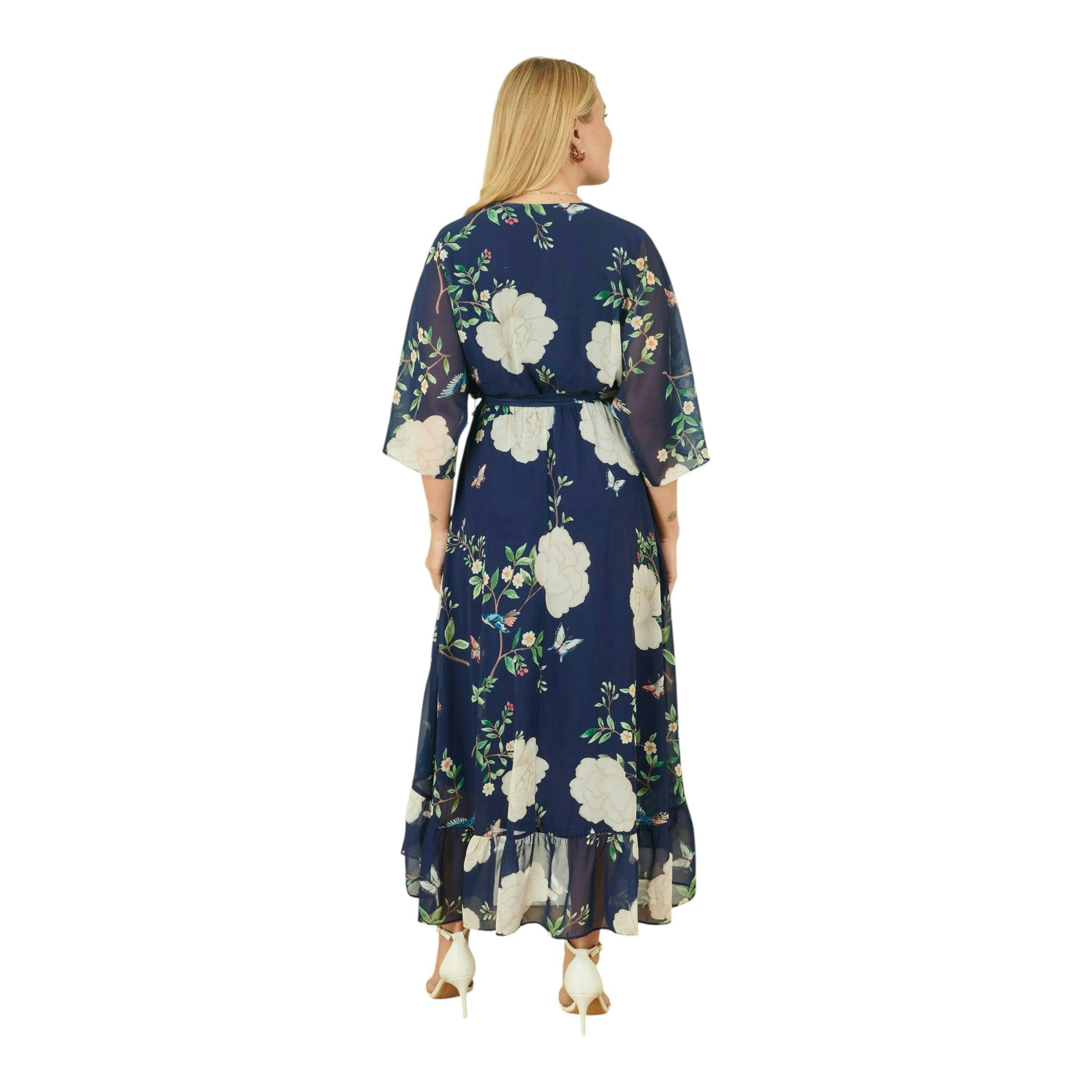 Yumi Navy Bird and Floral Print Midi Wrap Dress , view 3 of 6