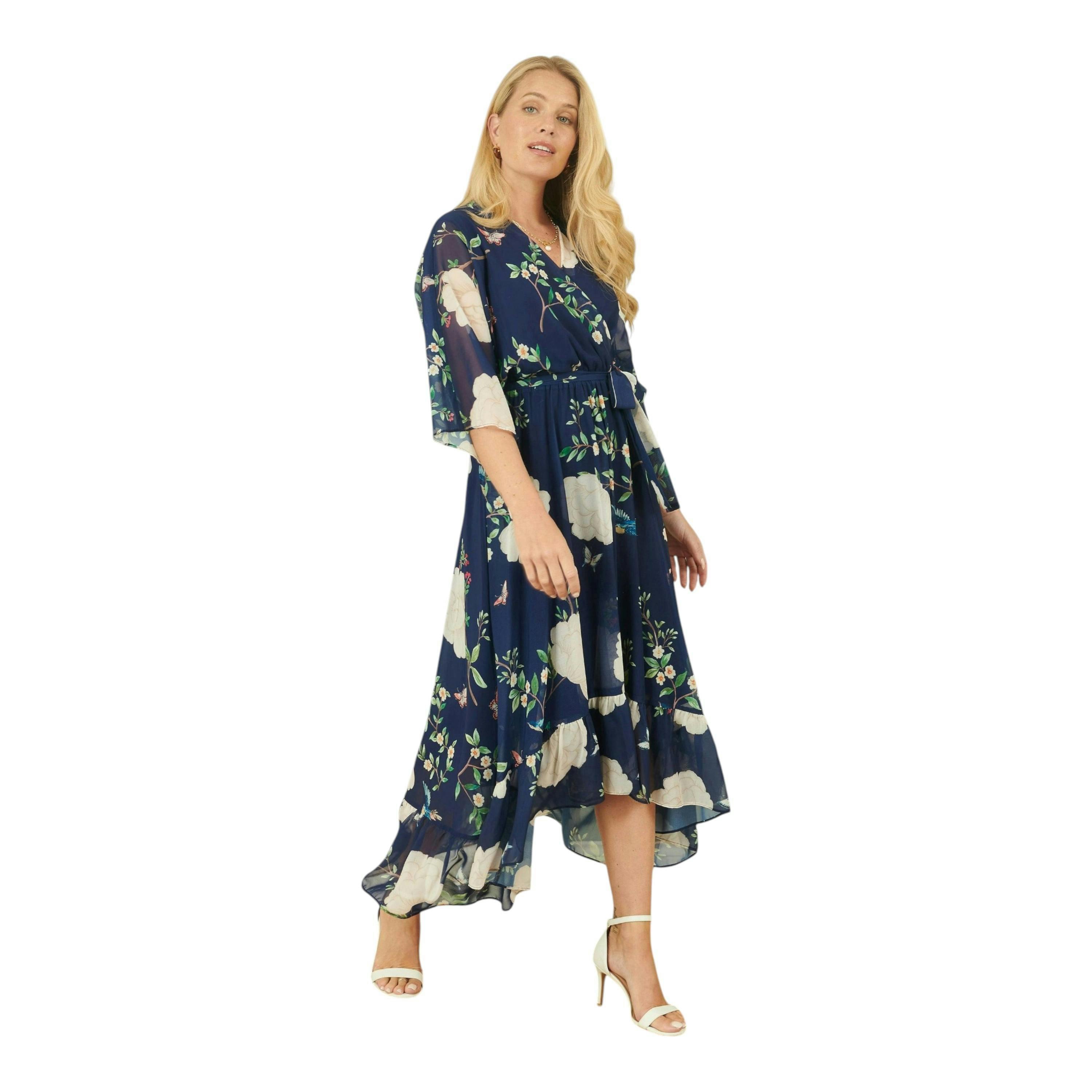Yumi Navy Bird and Floral Print Midi Wrap Dress , view 4 of 6