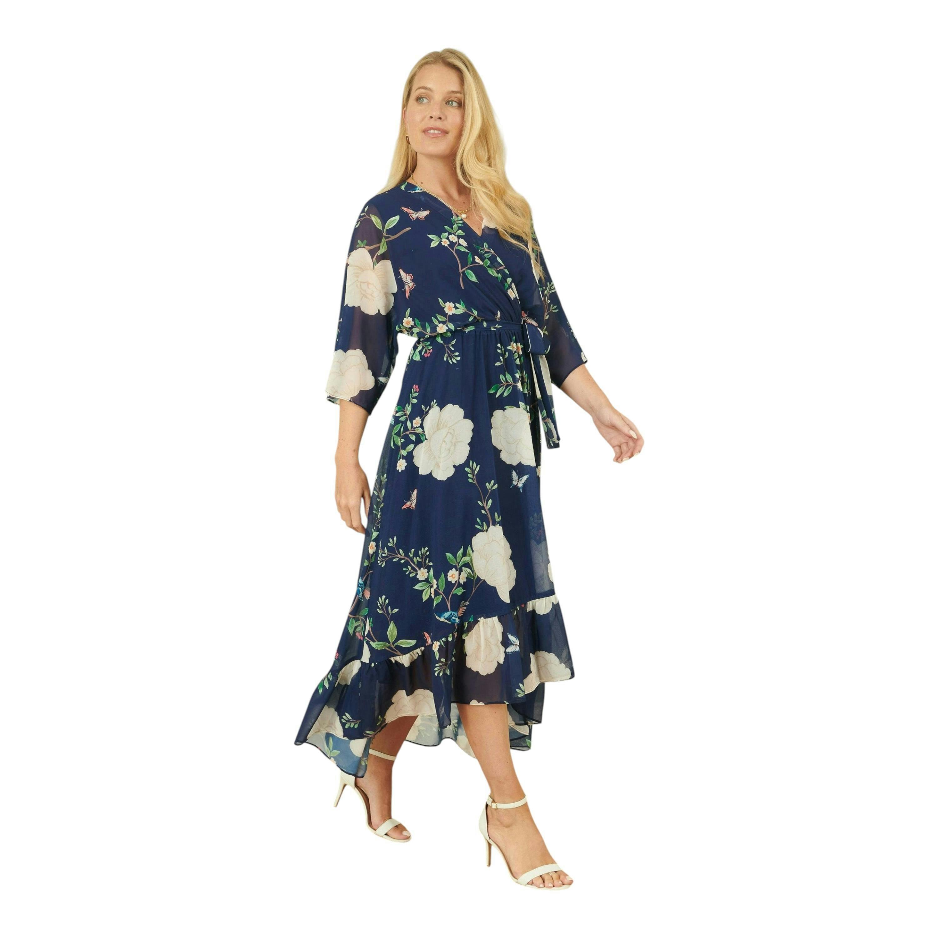 Yumi Navy Bird and Floral Print Midi Wrap Dress , view 5 of 6