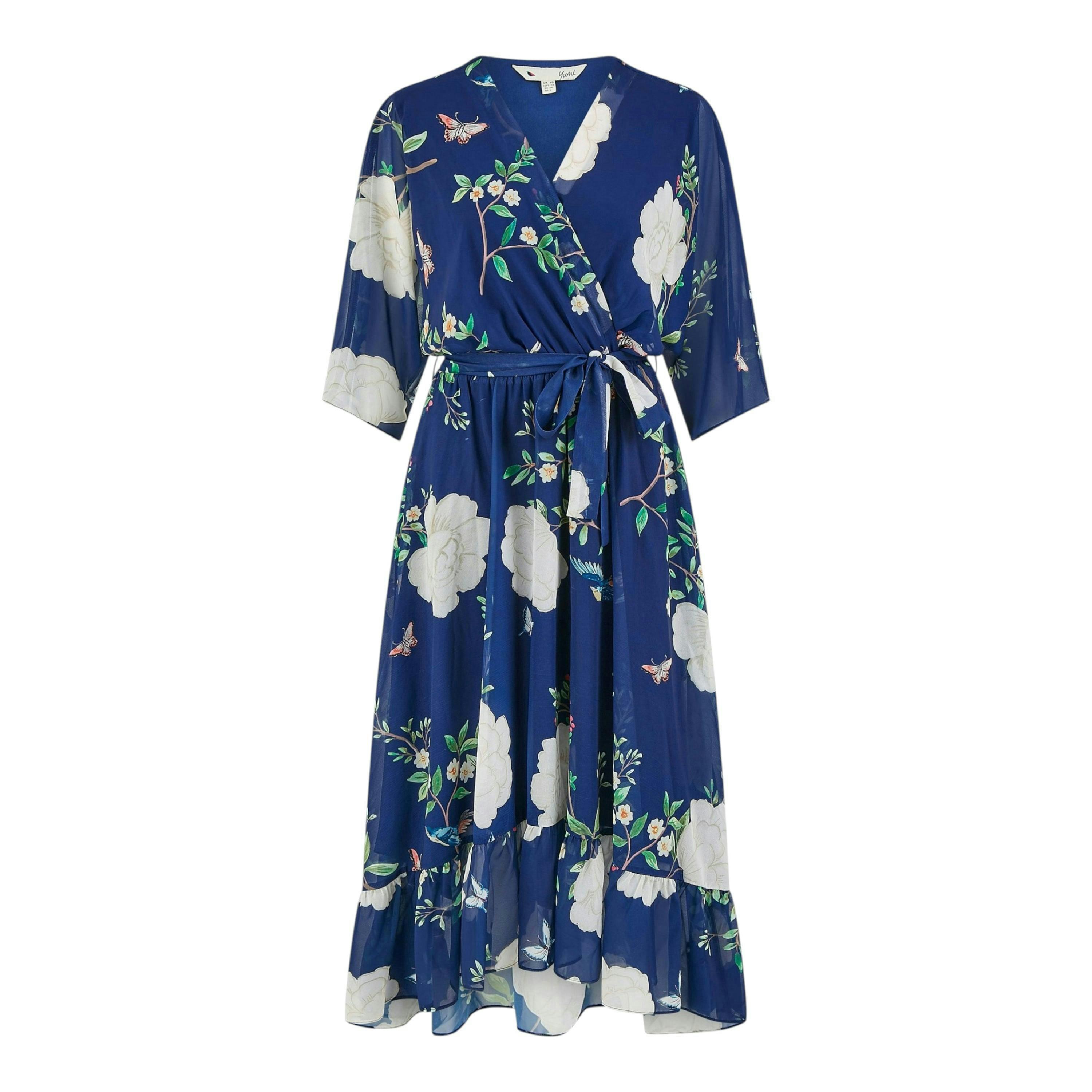 Yumi Navy Bird and Floral Print Midi Wrap Dress , view 6 of 6