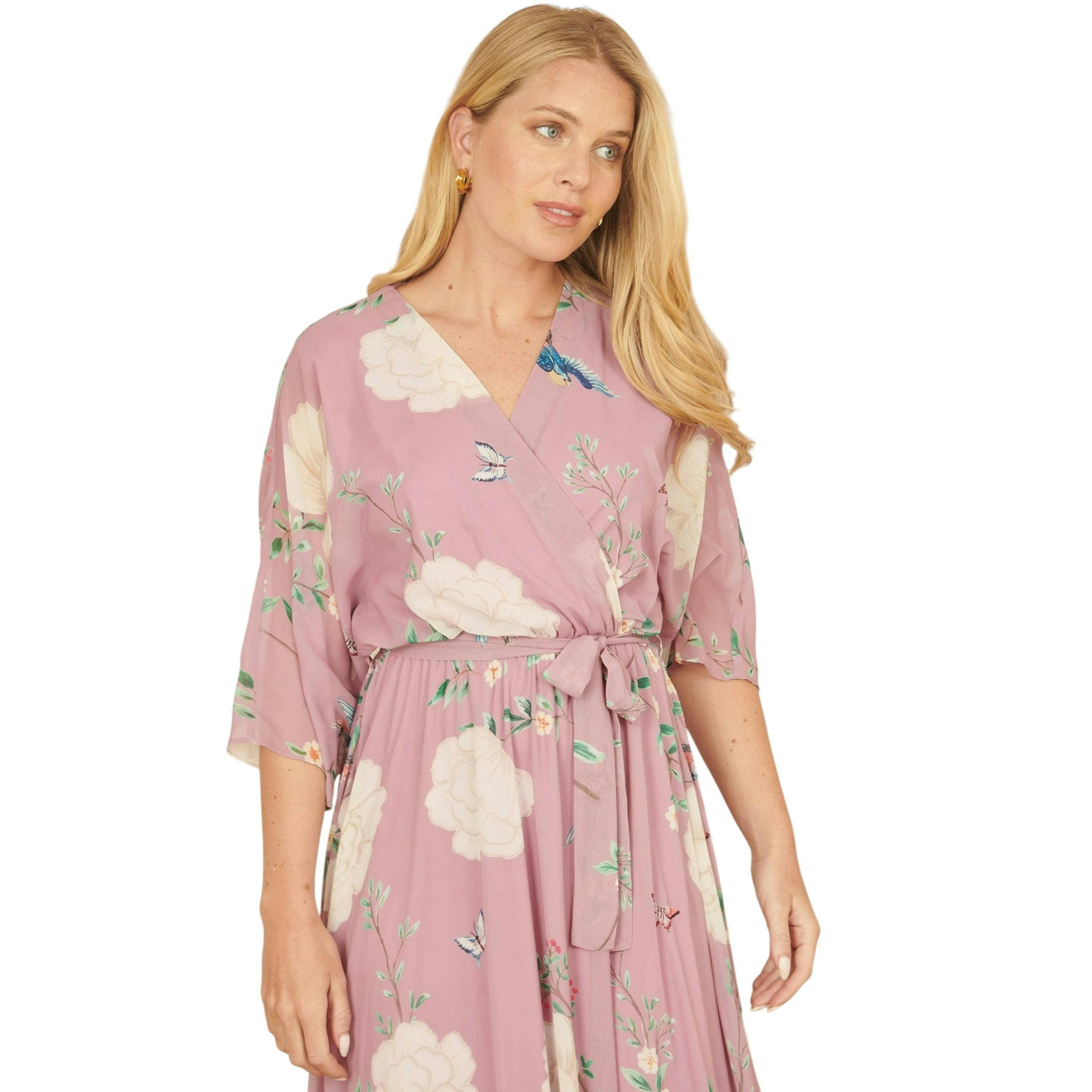 Yumi Pink Bird and Floral Print Midi Wrap Dress , view 2 of 6