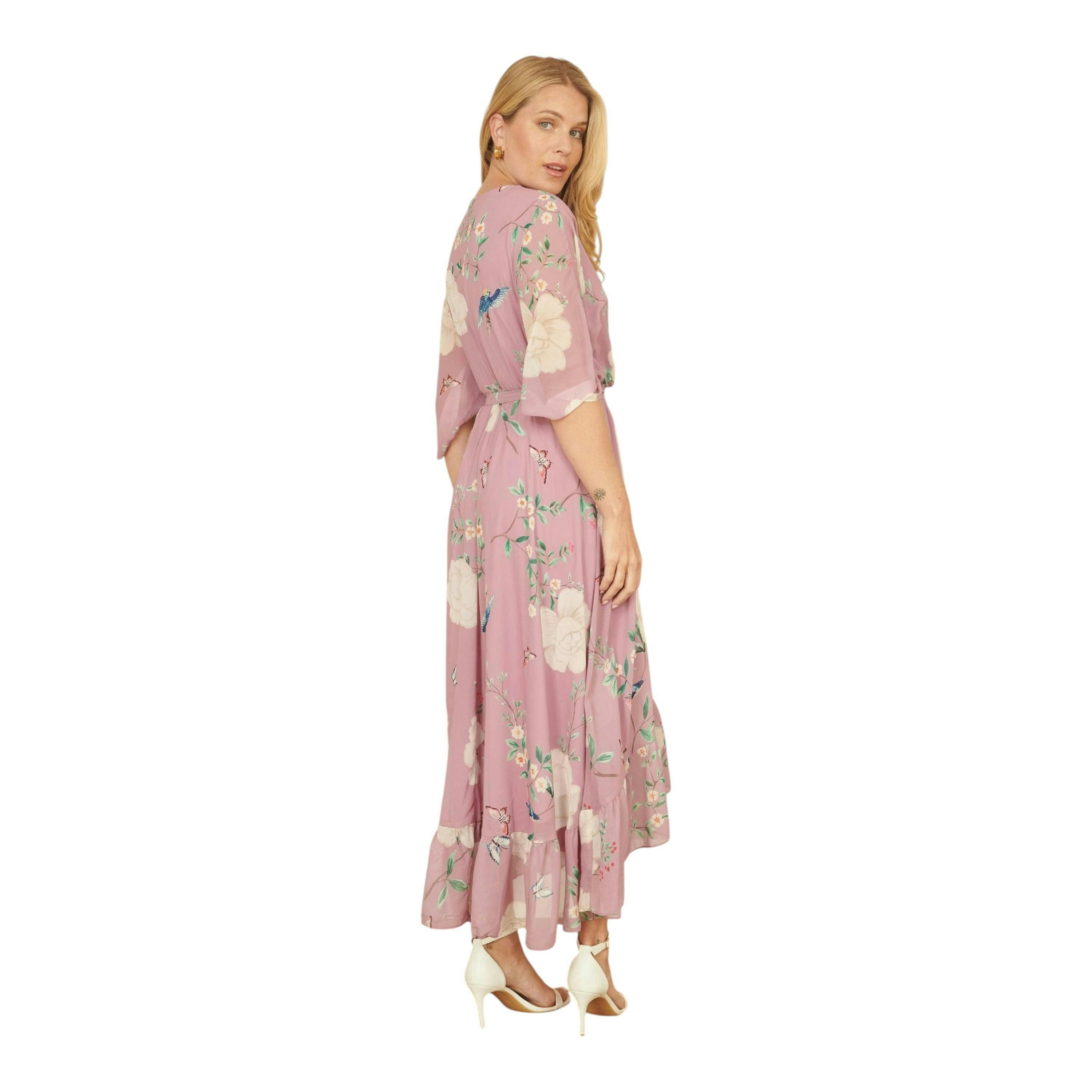 Yumi Pink Bird and Floral Print Midi Wrap Dress , view 3 of 6