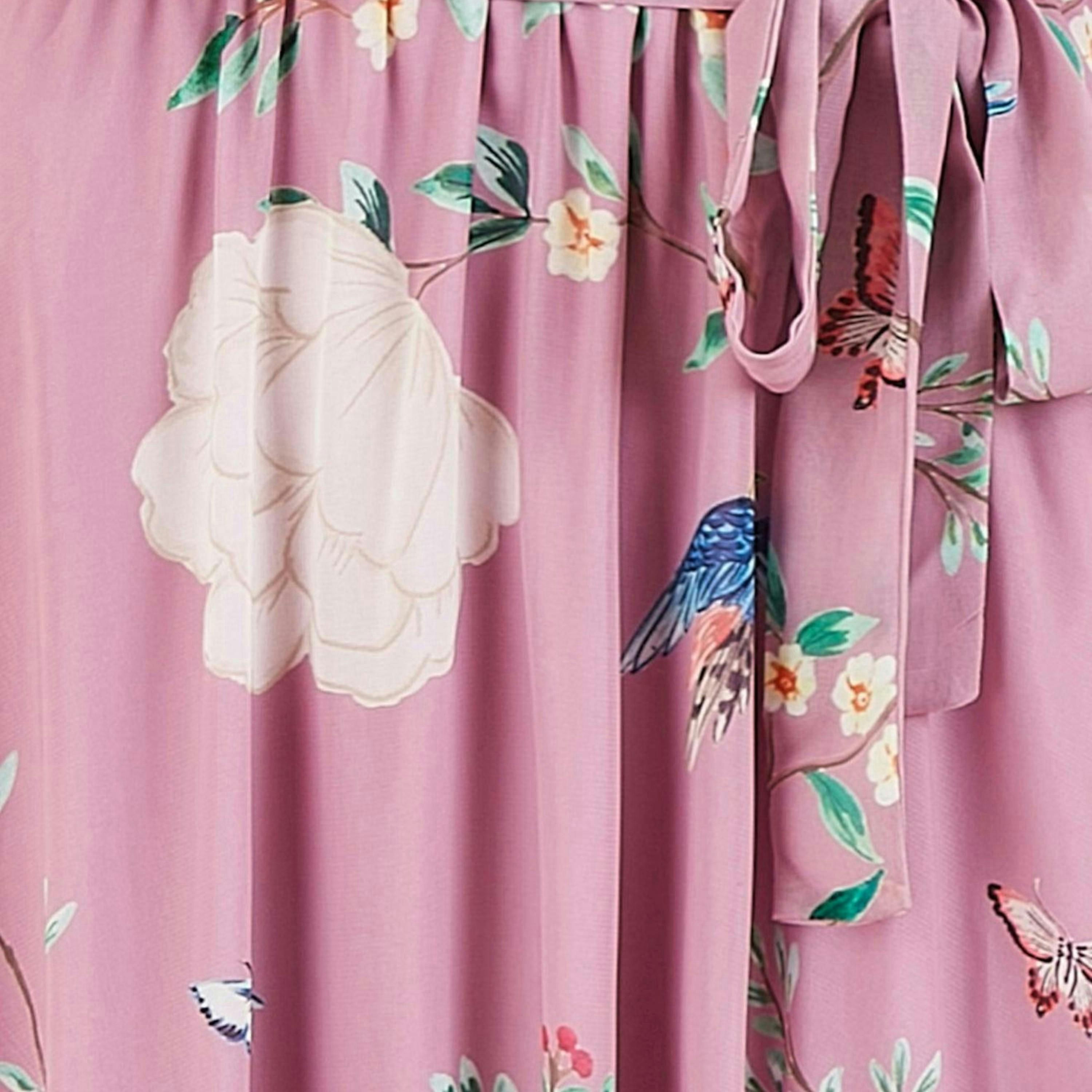 Yumi Pink Bird and Floral Print Midi Wrap Dress , view 5 of 6