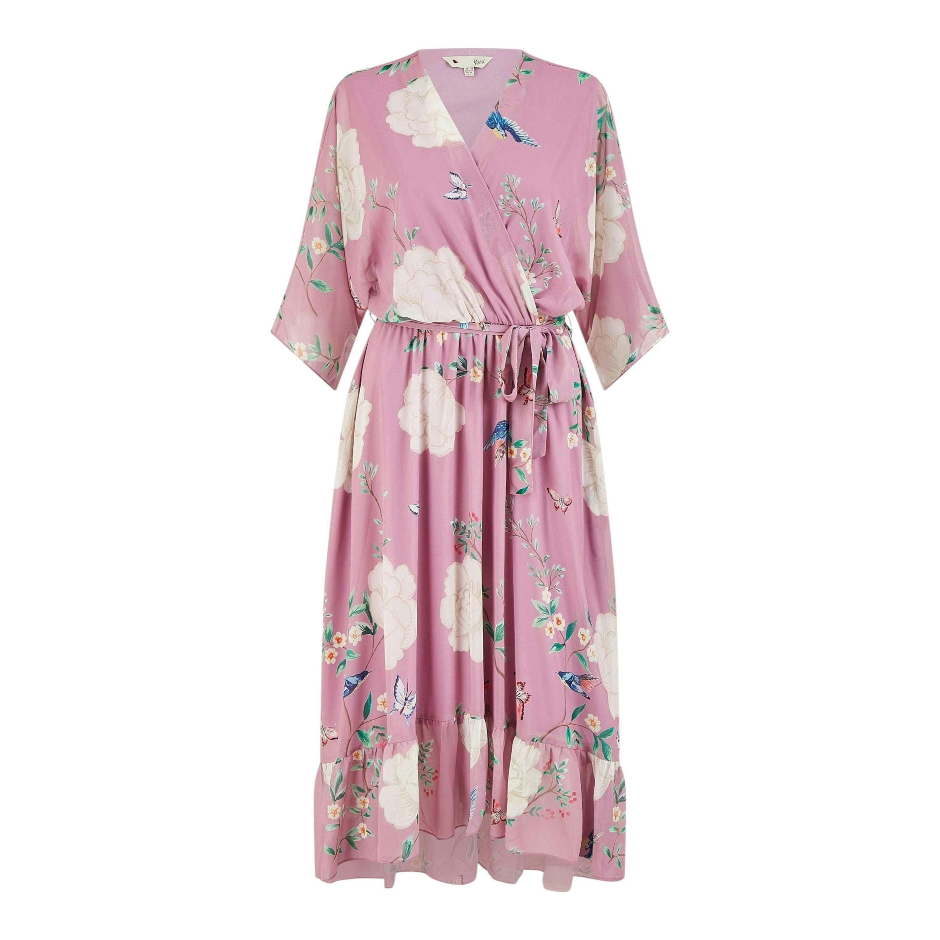Yumi Pink Bird and Floral Print Midi Wrap Dress , view 6 of 6