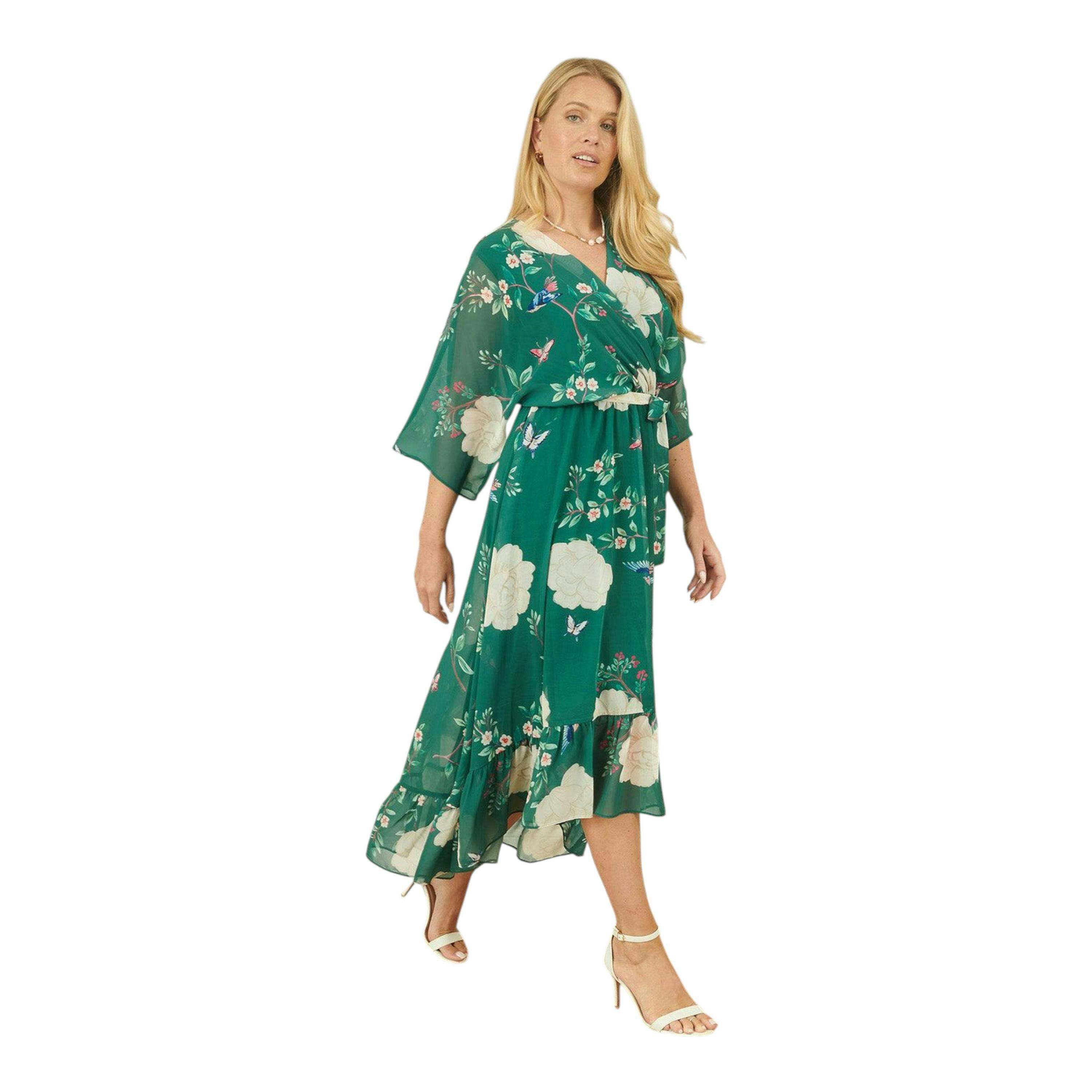 Yumi Green Bird and Floral Print Midi Wrap Dress , view 1 of 6
