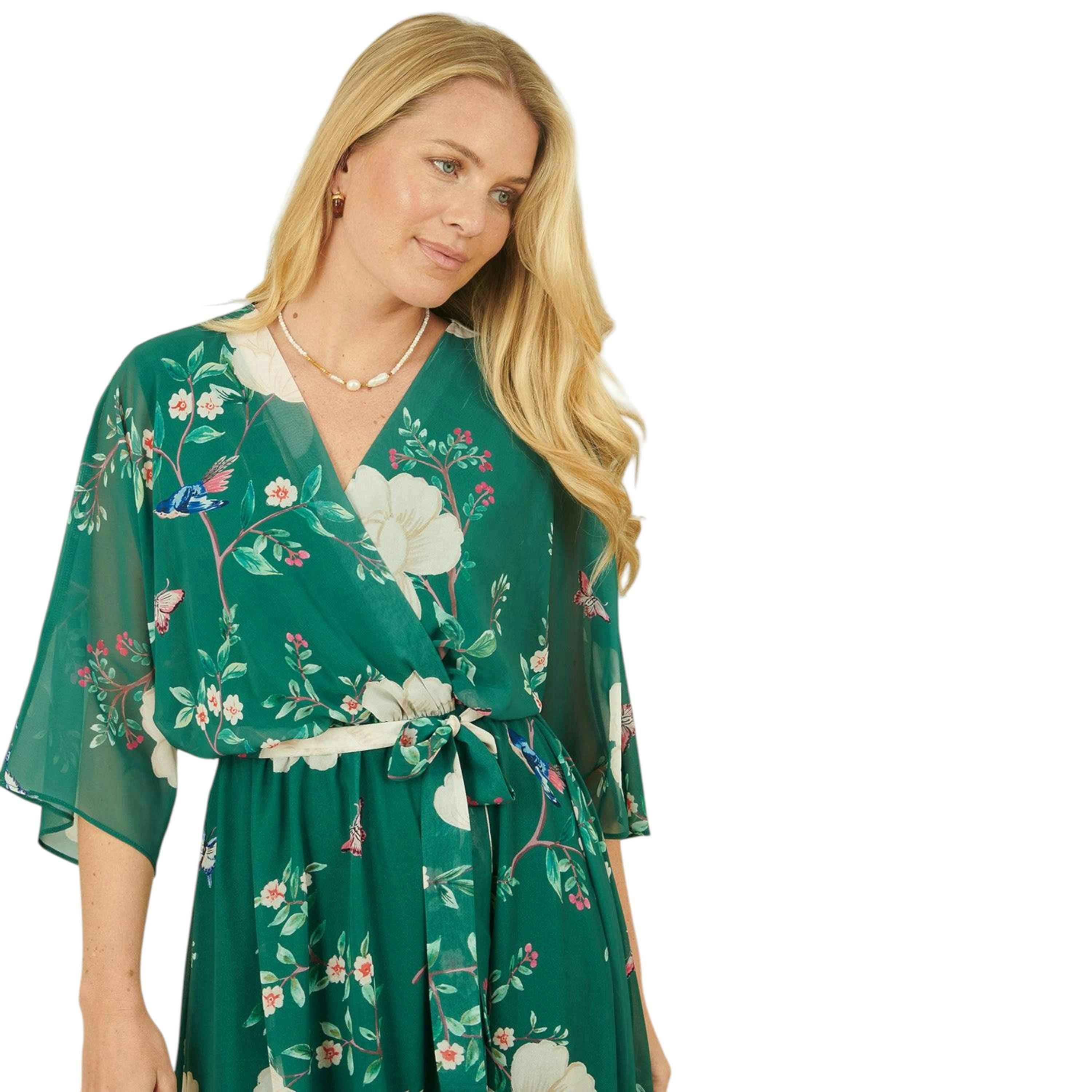 Yumi Green Bird and Floral Print Midi Wrap Dress , view 2 of 6
