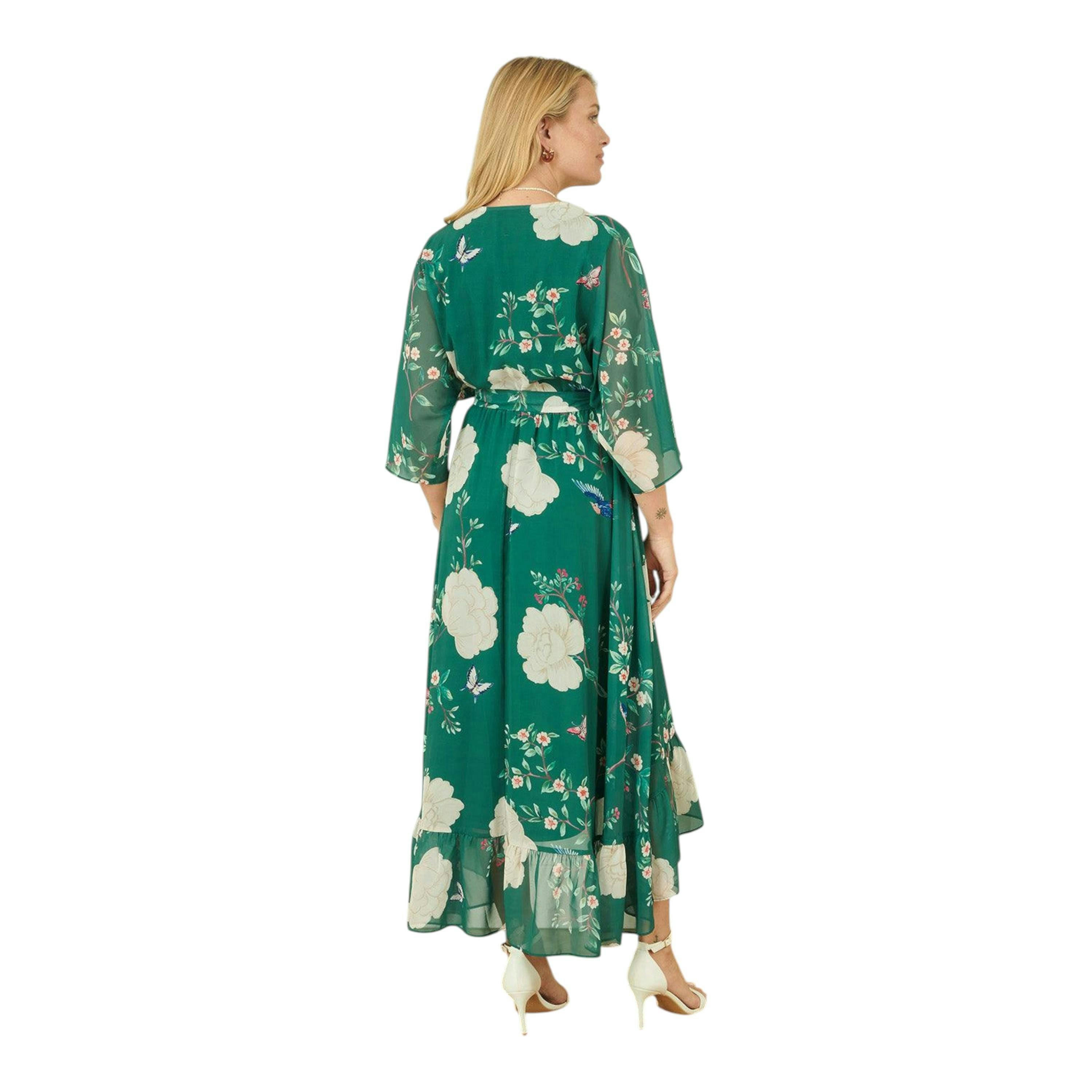 Yumi Green Bird and Floral Print Midi Wrap Dress , view 3 of 6